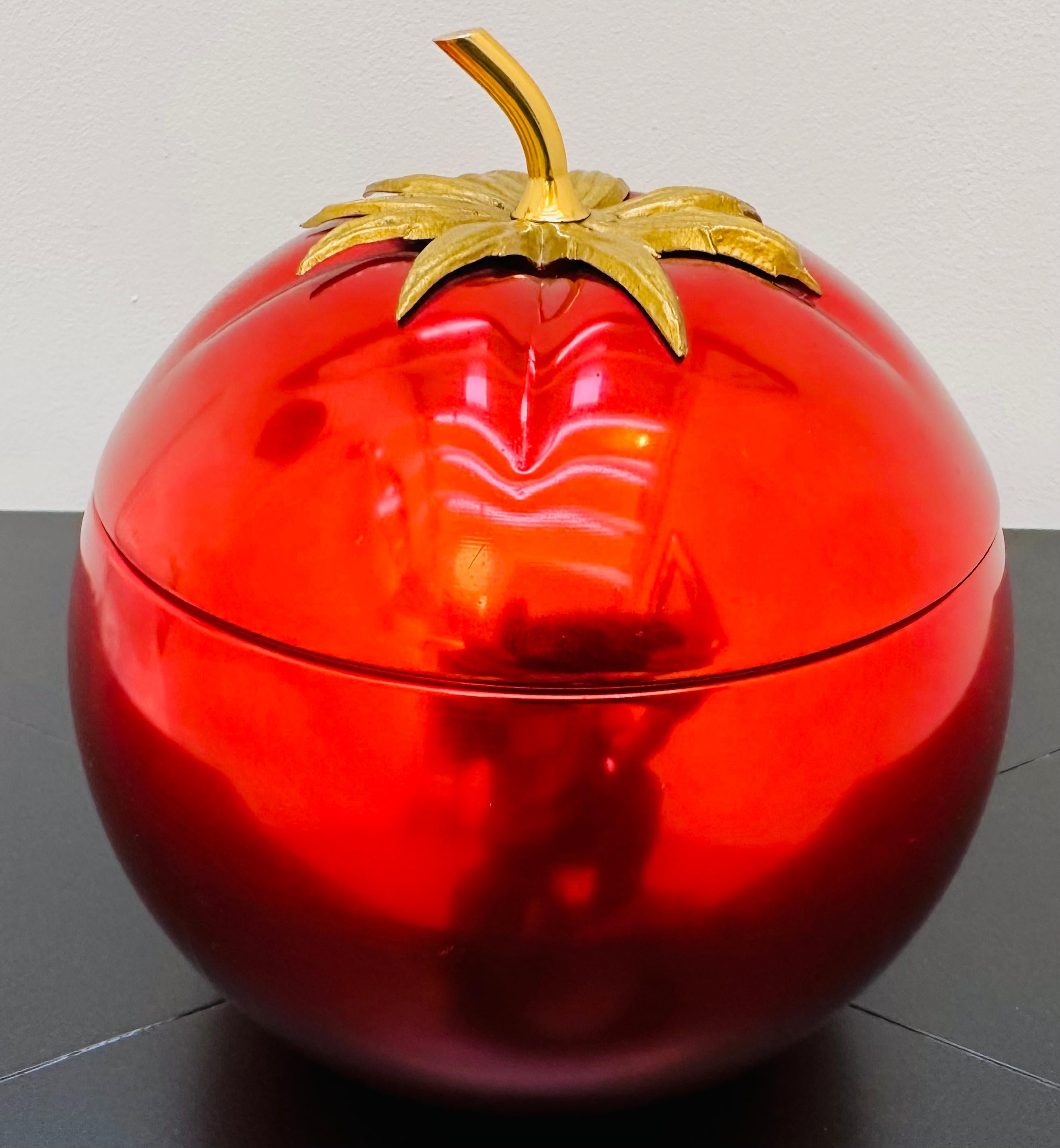20th Century French 1970s Vibrant Red Anodised Aluminium & Brass Tomato Shaped Ice Bucket