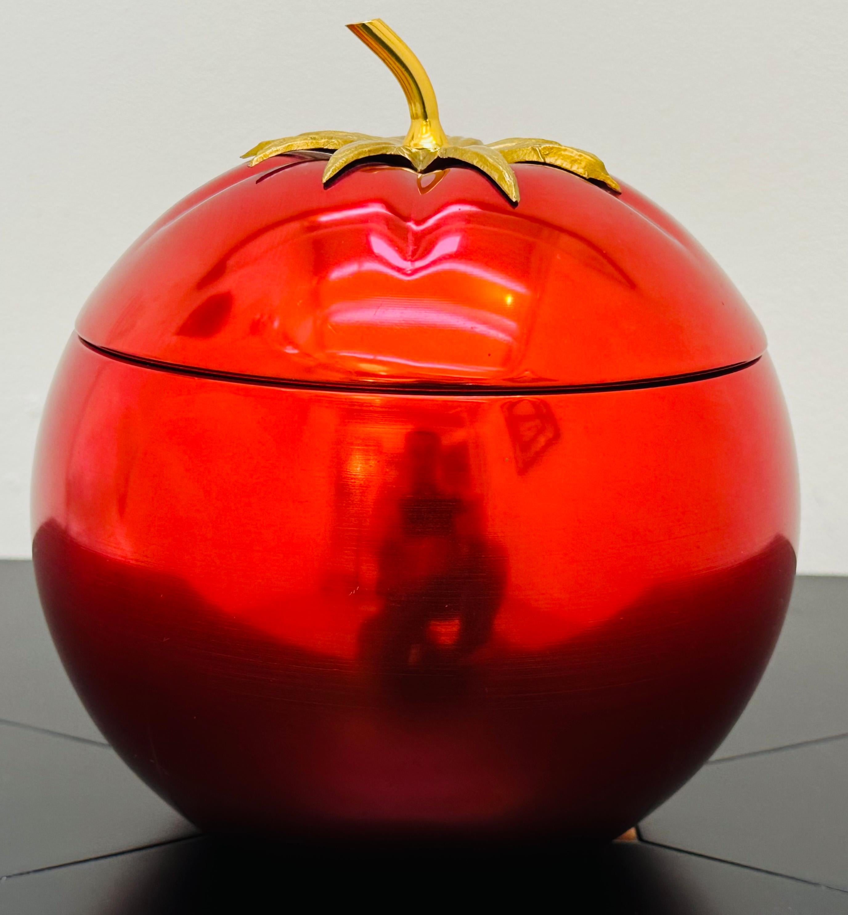 Metal French 1970s Vibrant Red Anodised Aluminium & Brass Tomato Shaped Ice Bucket