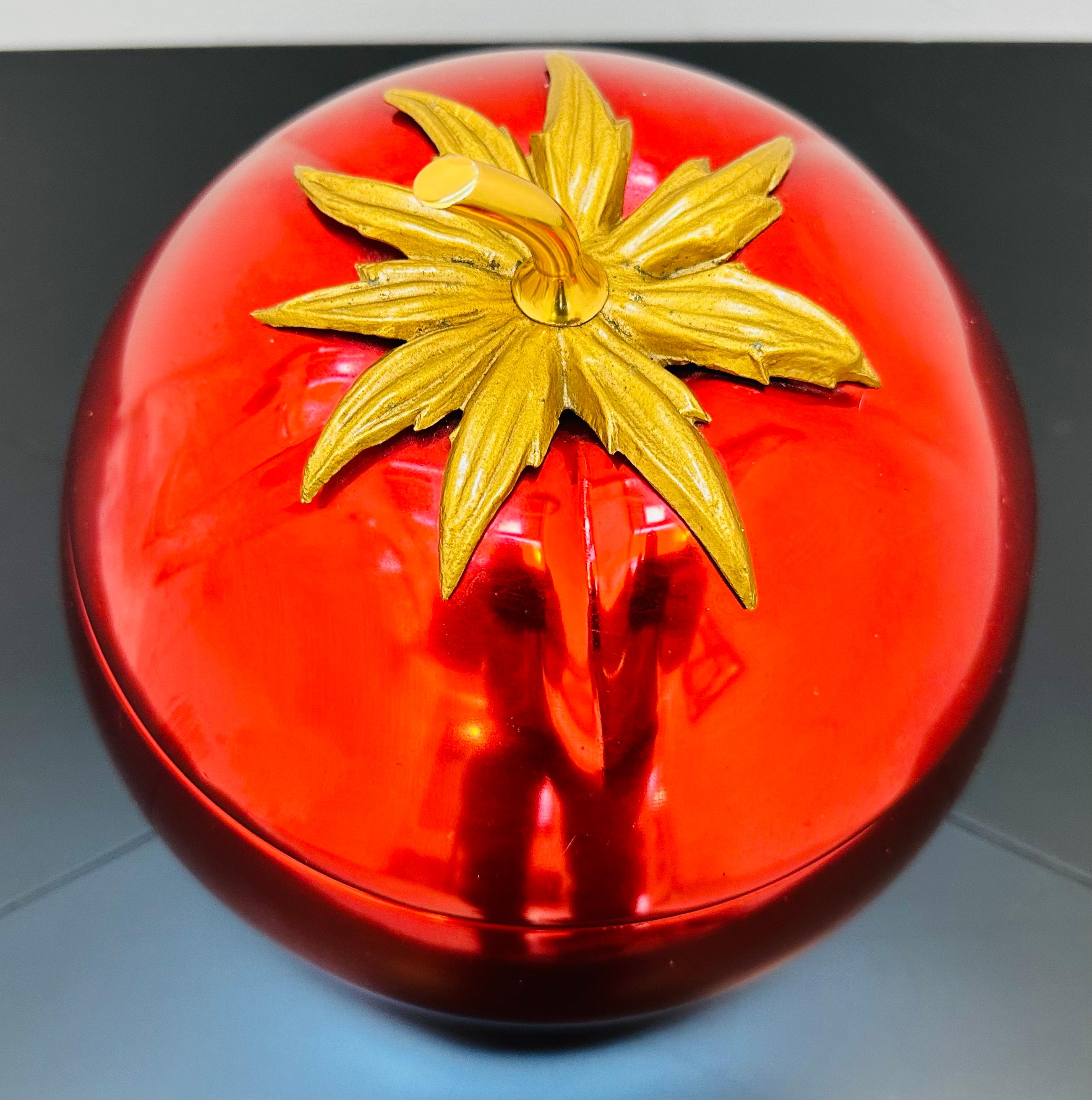 French 1970s Vibrant Red Anodised Aluminium & Brass Tomato Shaped Ice Bucket 1