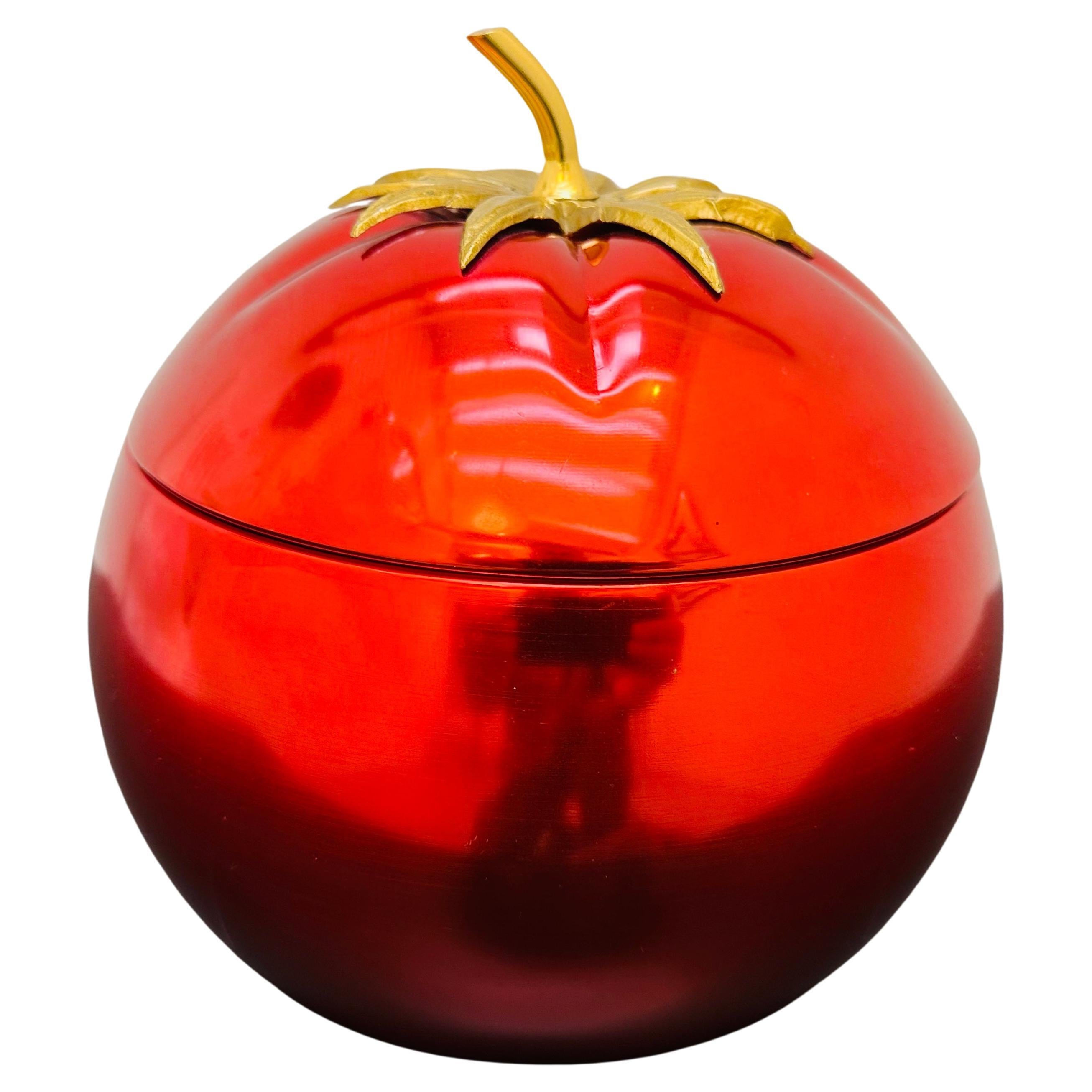 French 1970s Vibrant Red Anodised Aluminium & Brass Tomato Shaped Ice Bucket
