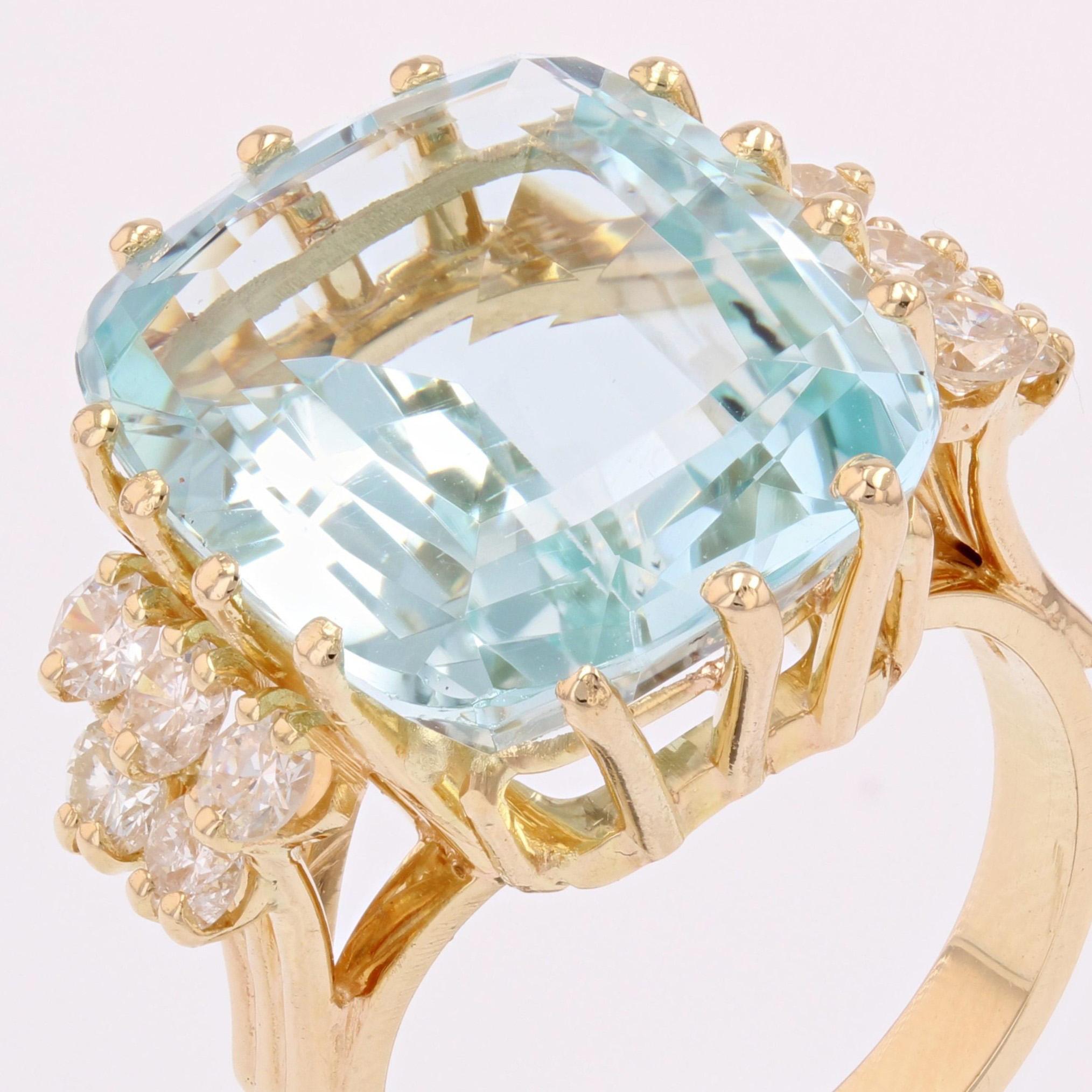 French 1980s 12.50 Carats Aquamarine Diamonds 18 Karat Yellow Gold Cocktail Ring For Sale 2