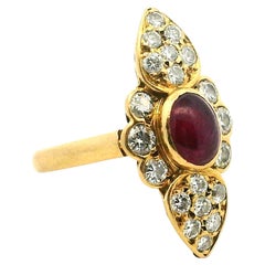 French 1980s 18K Yellow Gold Ruby and Diamond Art Deco Revival Ring