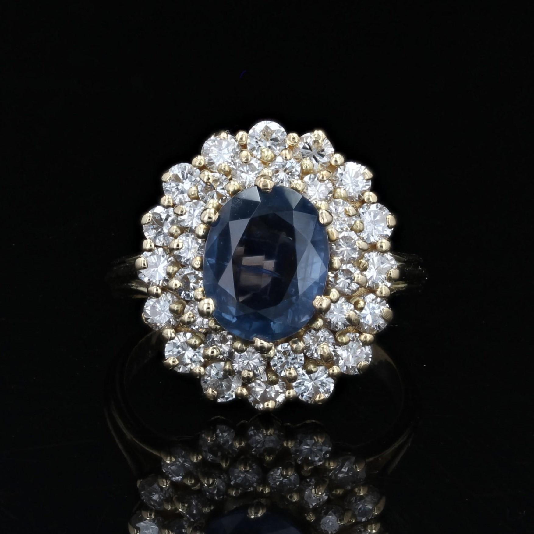 Retro French 1980s 2 Carats Sapphire Double Row Diamonds 18 Karat Yellow Gold Ring