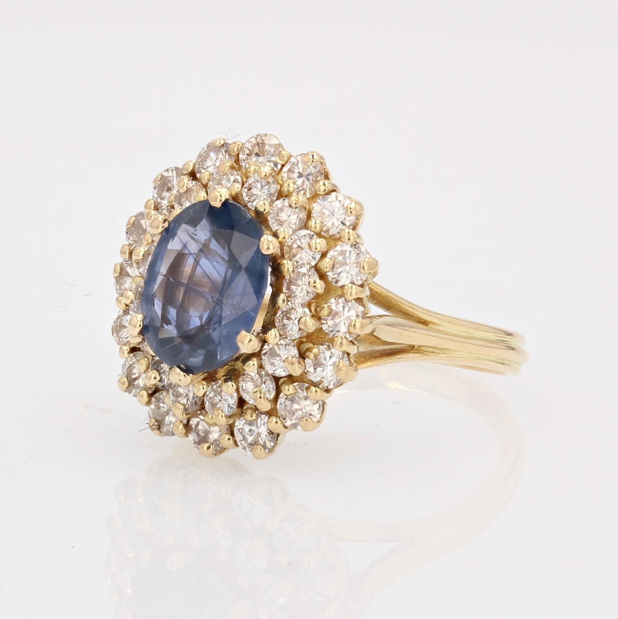 French 1980s 2 Carats Sapphire Double Row Diamonds 18 Karat Yellow Gold Ring 1