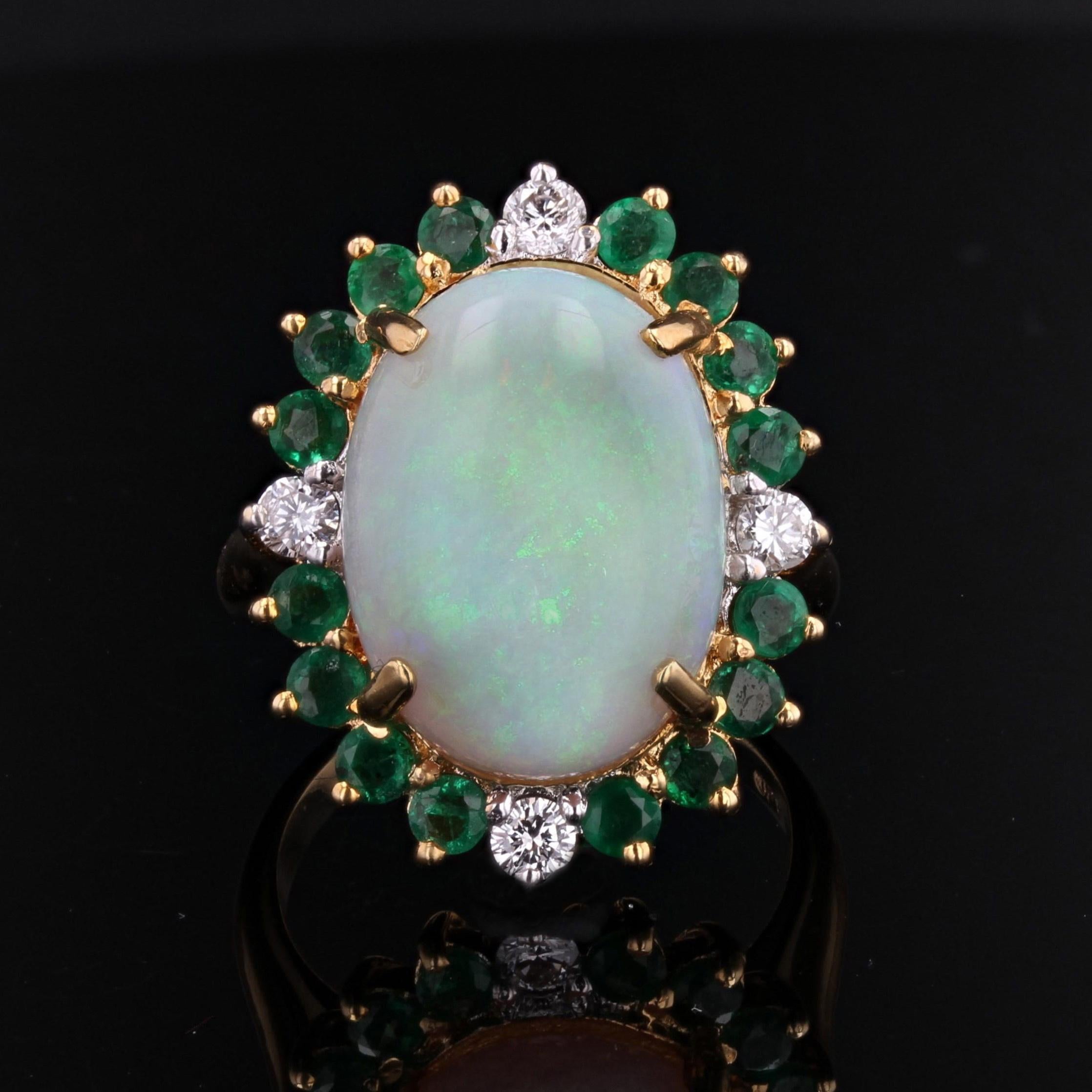 Retro French 1980s 6.40 Carat Opal Emerald Diamond 18 Karat Yellow Gold Ring For Sale