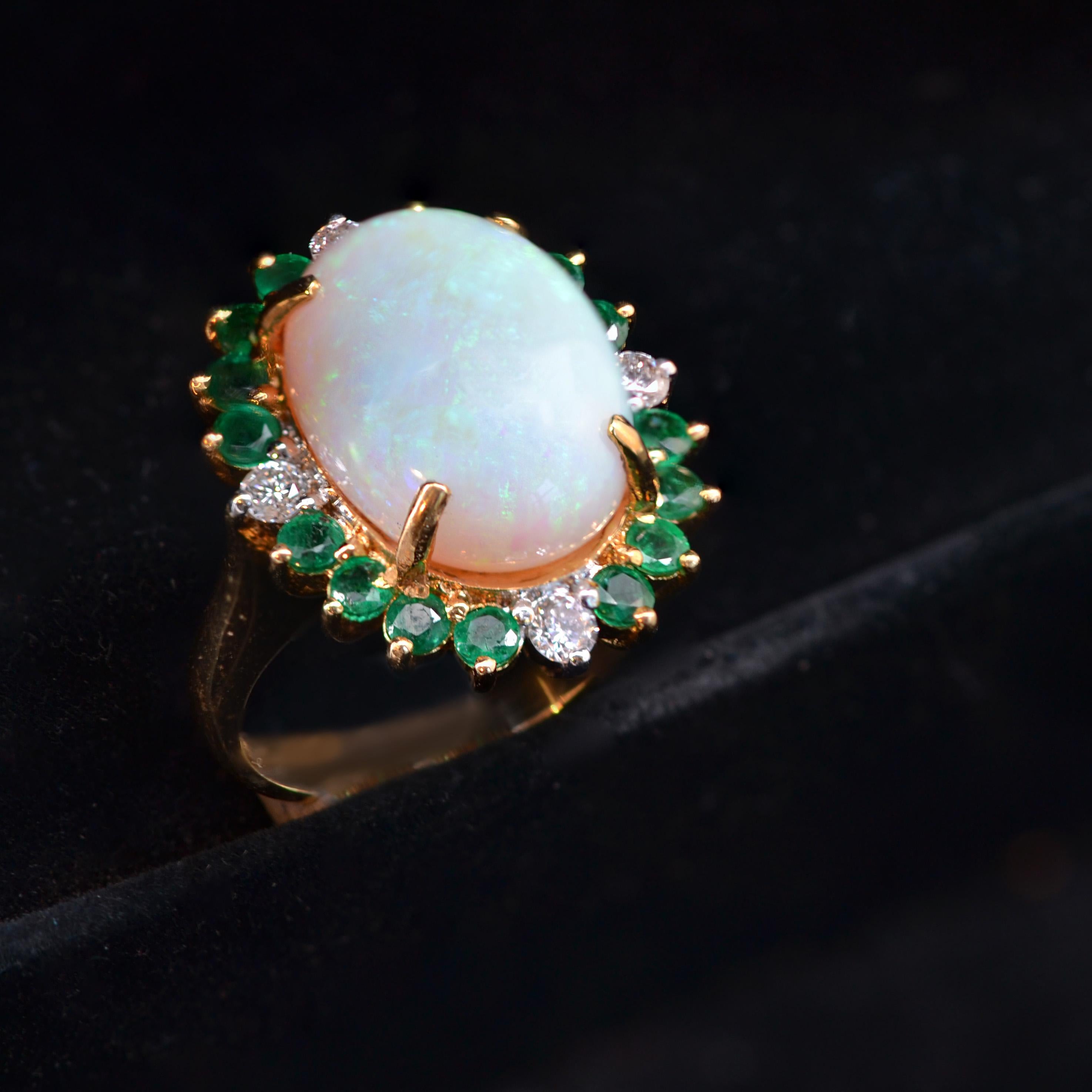 Cabochon French 1980s 6.40 Carat Opal Emerald Diamond 18 Karat Yellow Gold Ring For Sale