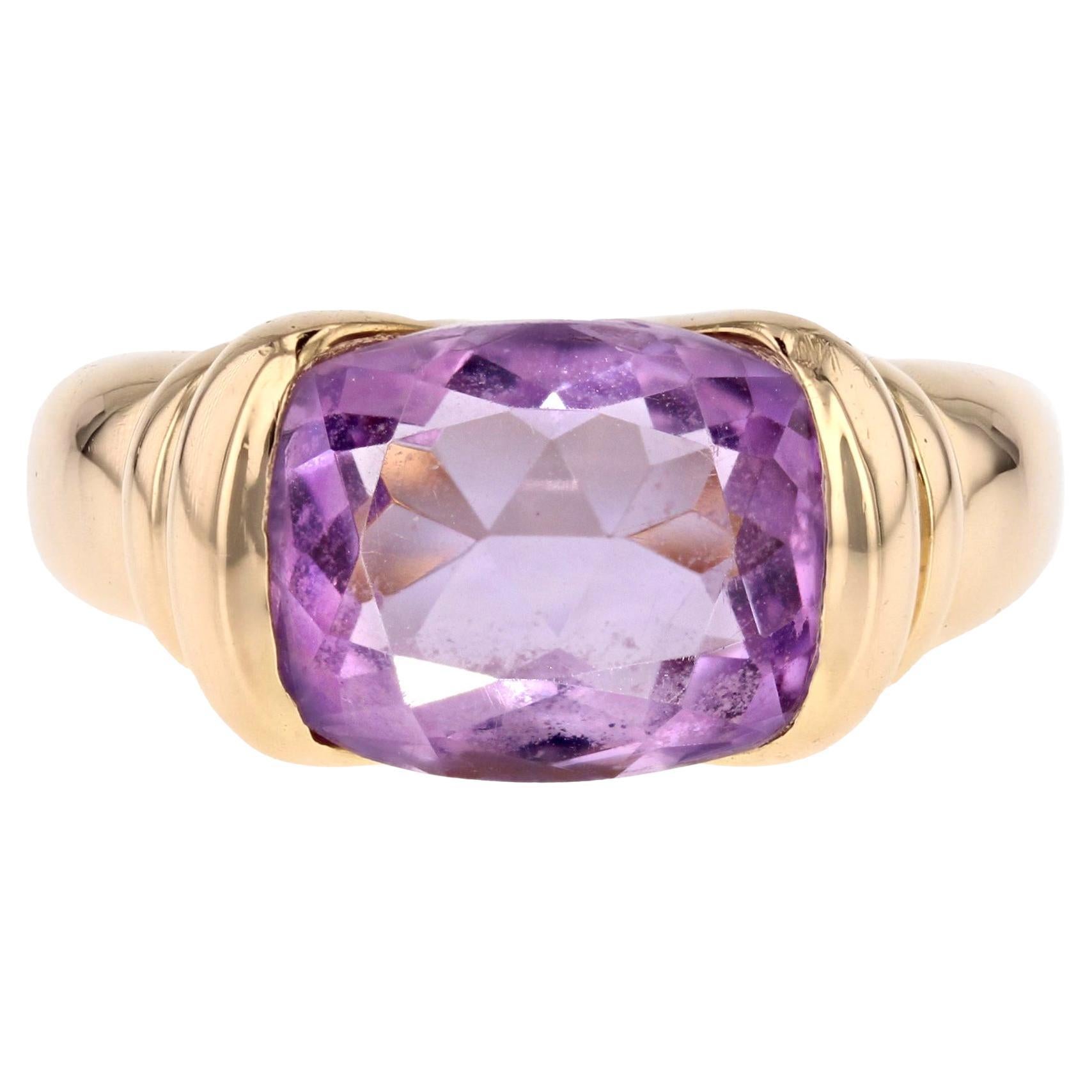 French 1980s Amethyst 18 Karat Yellow Gold Bangle Ring