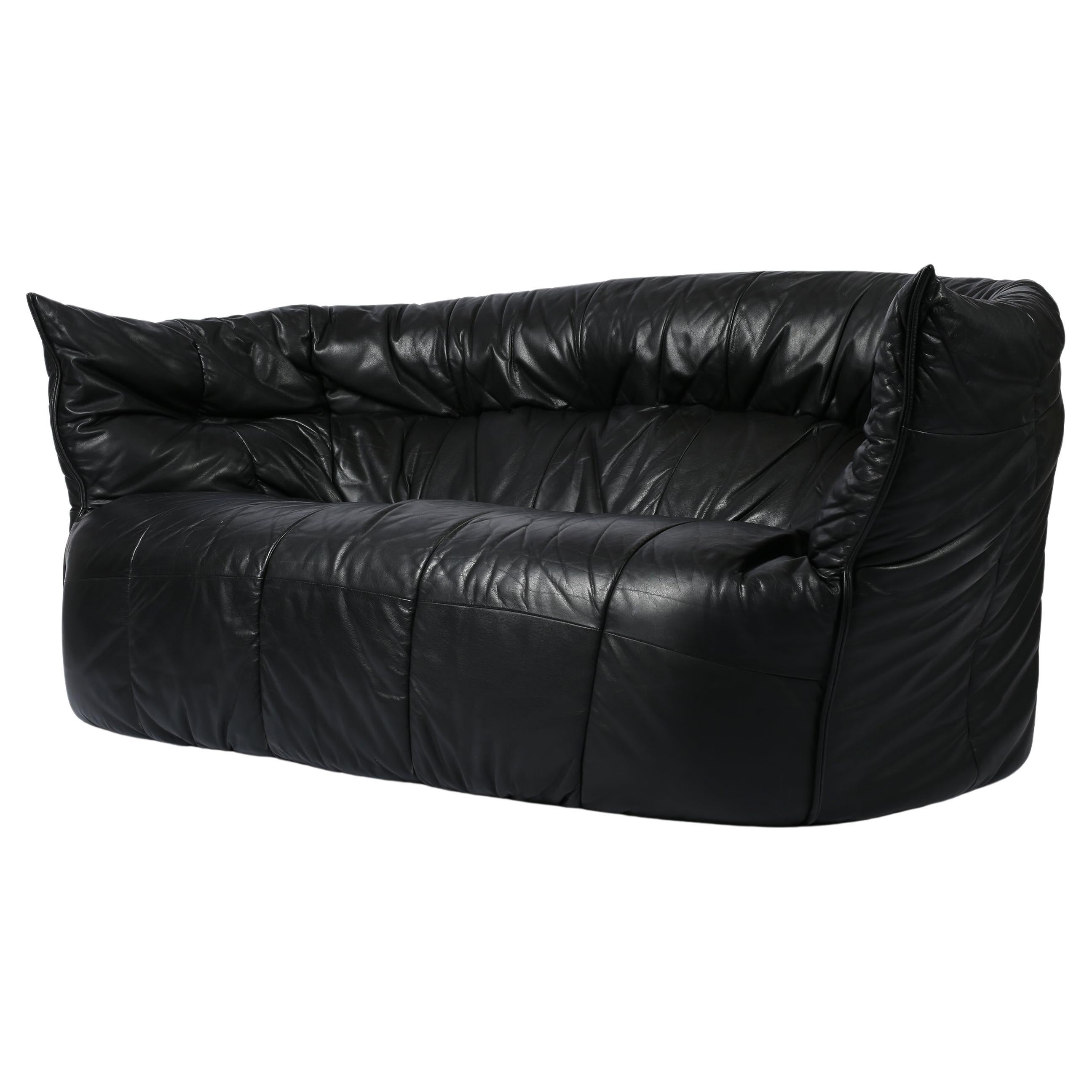 French 1980s Black Leather Brigantin Sofa by Michel Ducaroy for Lignet Roset For Sale