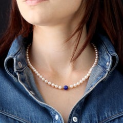 Collana francese anni '80 con perle coltivate di lapislazzuli 18 carati con chiusura a perlina