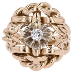 French 1980s Diamond 18 Karat Yellow Gold Retro Interlaced Ring