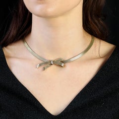 French 1980s Diamonds 18 Karat Yellow Gold Bow Ribbon Necklace