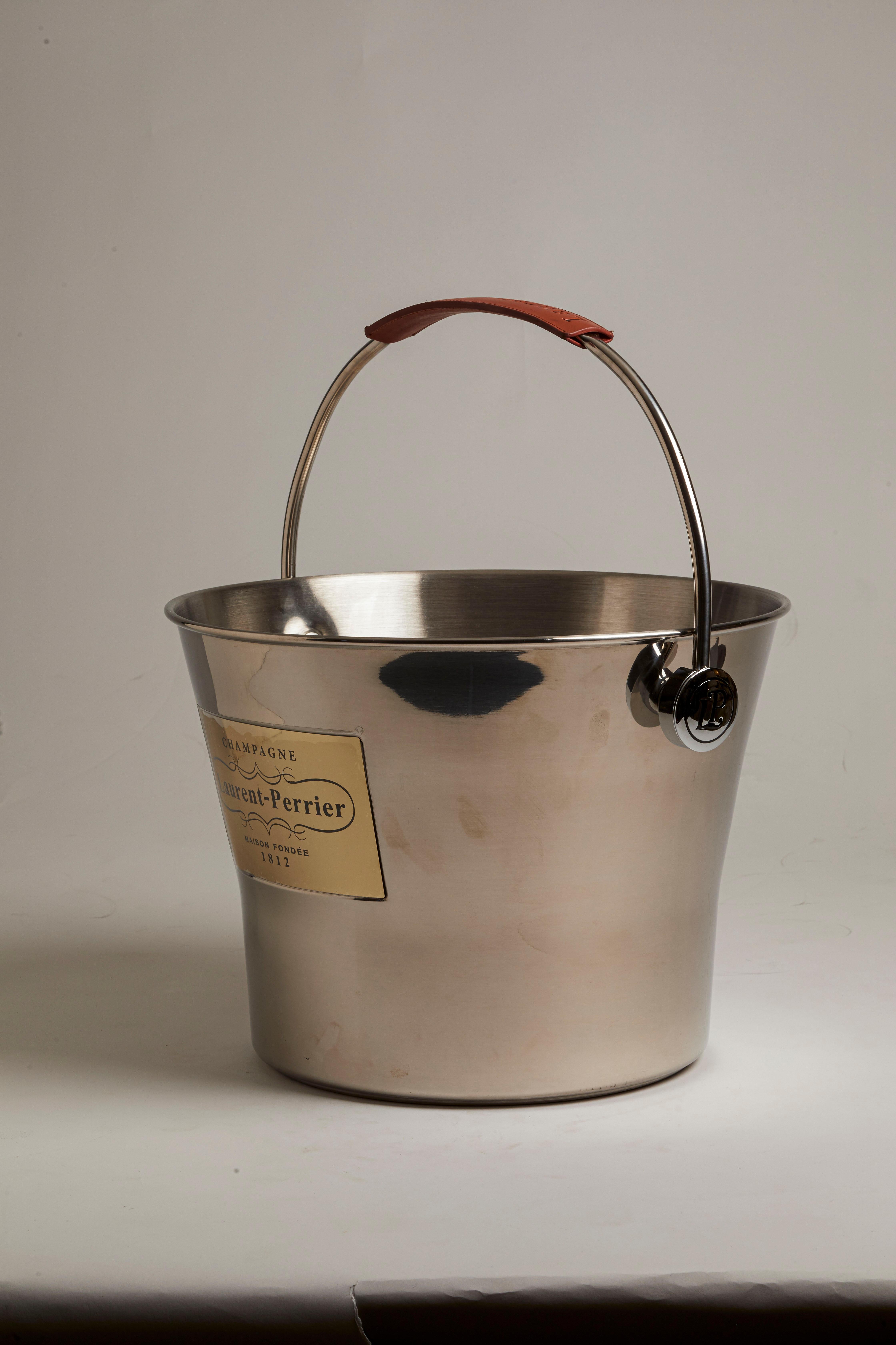 Late 20th Century French 1980s Laurent Perrier Leather Handle Champagne Bucket
