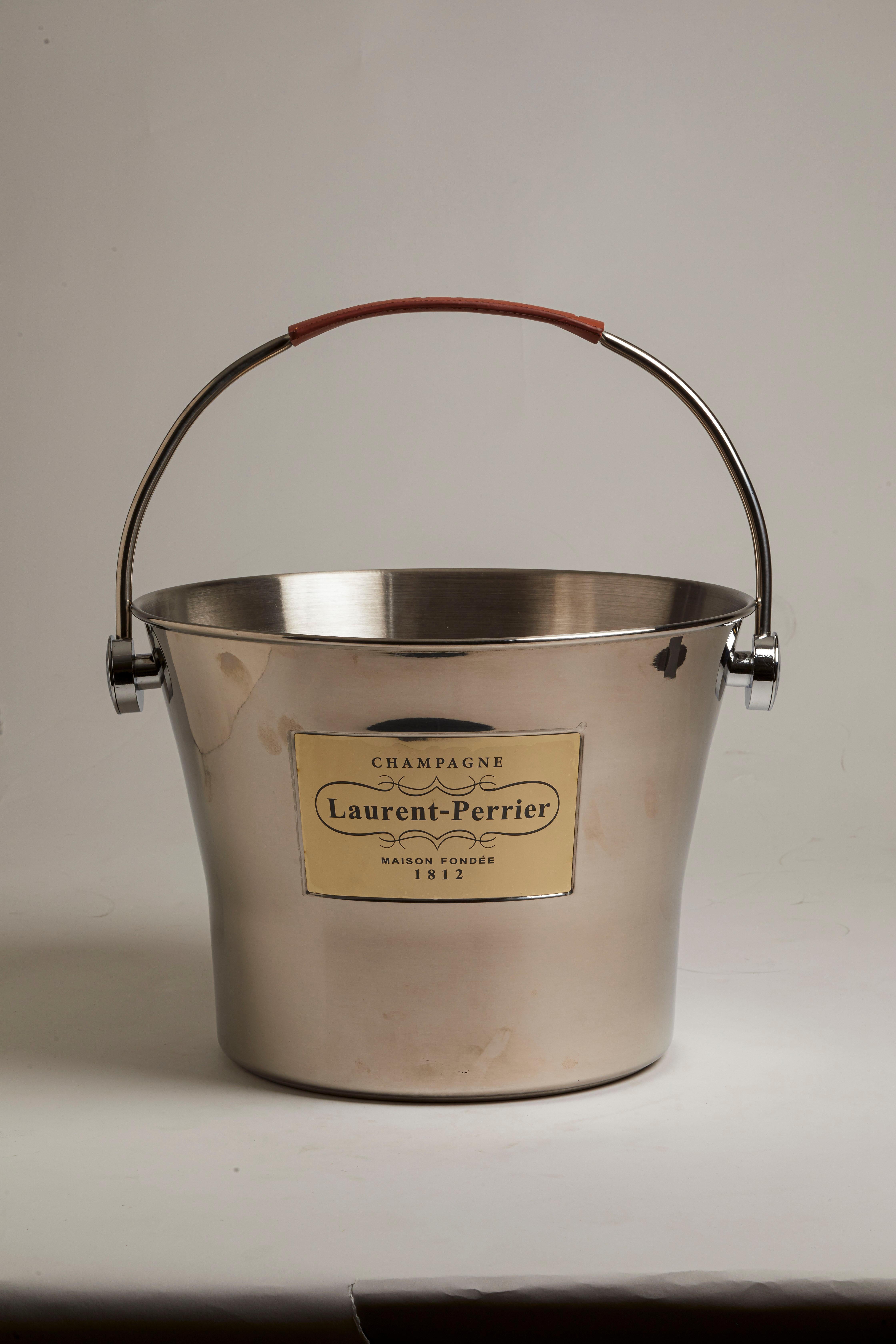 Stainless Steel French 1980s Laurent Perrier Leather Handle Champagne Bucket