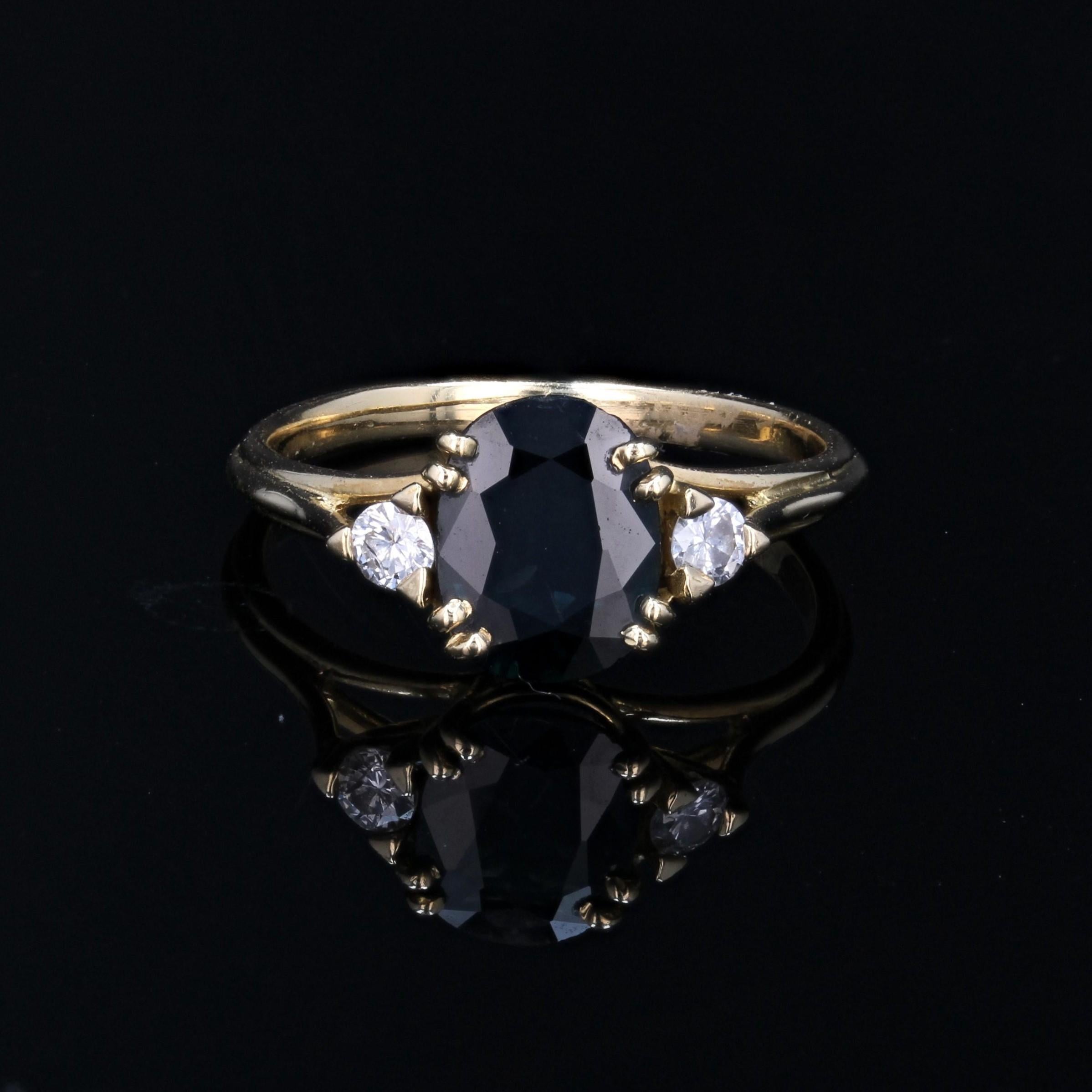 Contemporary French 1980s Sapphire Diamonds 18 Karat Yellow Gold Ring