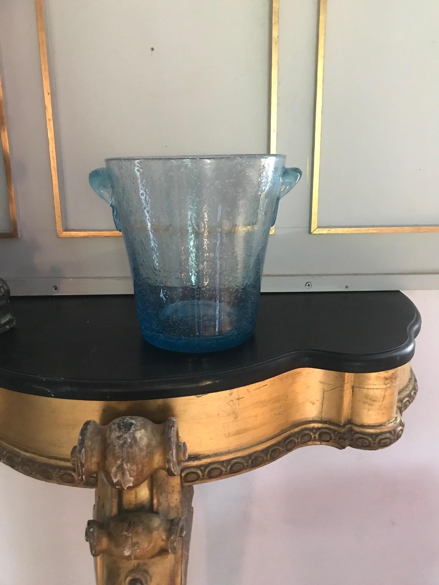 Glass French 1980s Tall Blue Bubble Vase/ Champagne Bucket