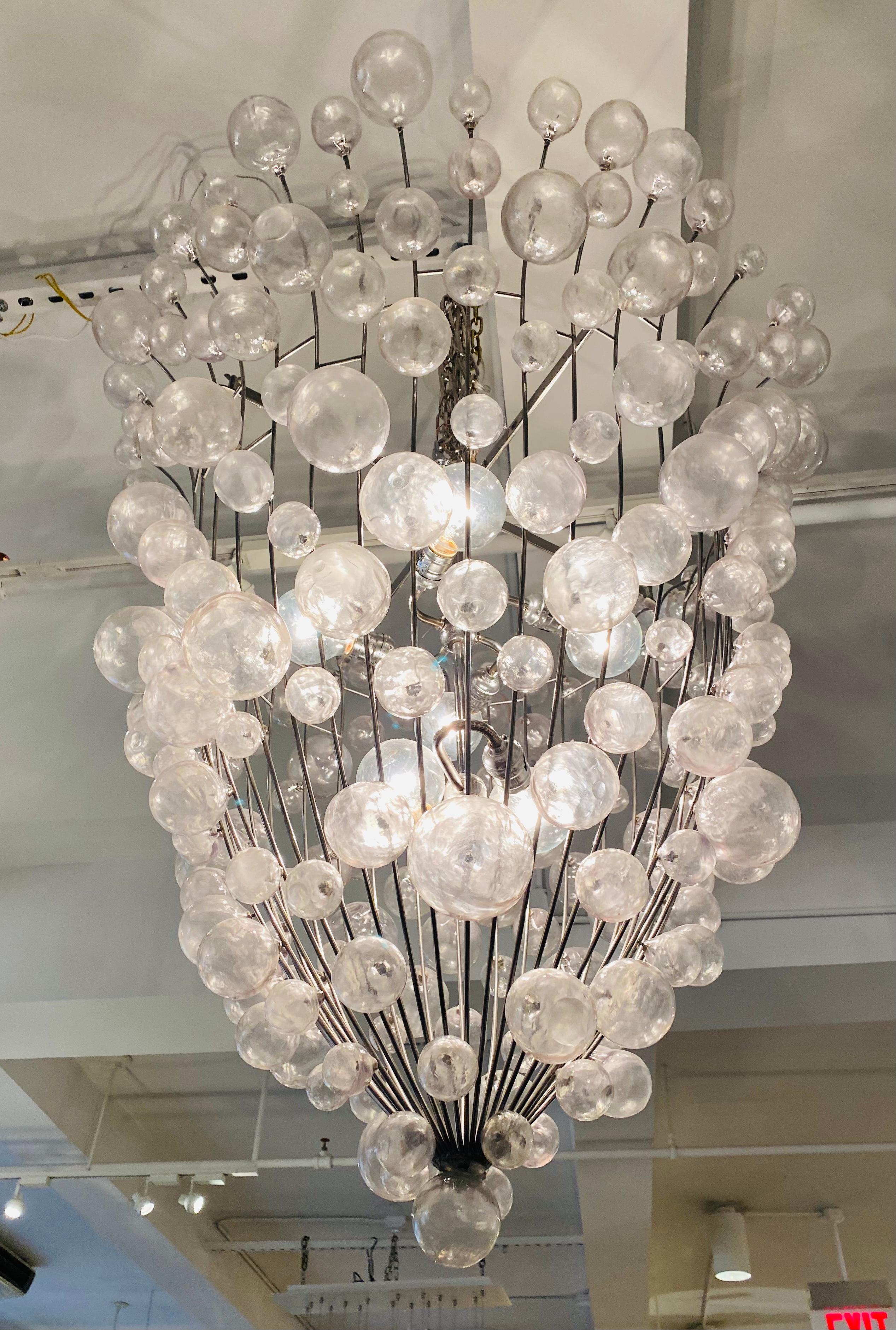 A grand 1990s custom blown resin bubbled chandelier. 10 standard American sockets. Rewired. Adjustable chain. Body is 33” W x 36” H not including the chain. Overall Height, including the chain provided, 103
