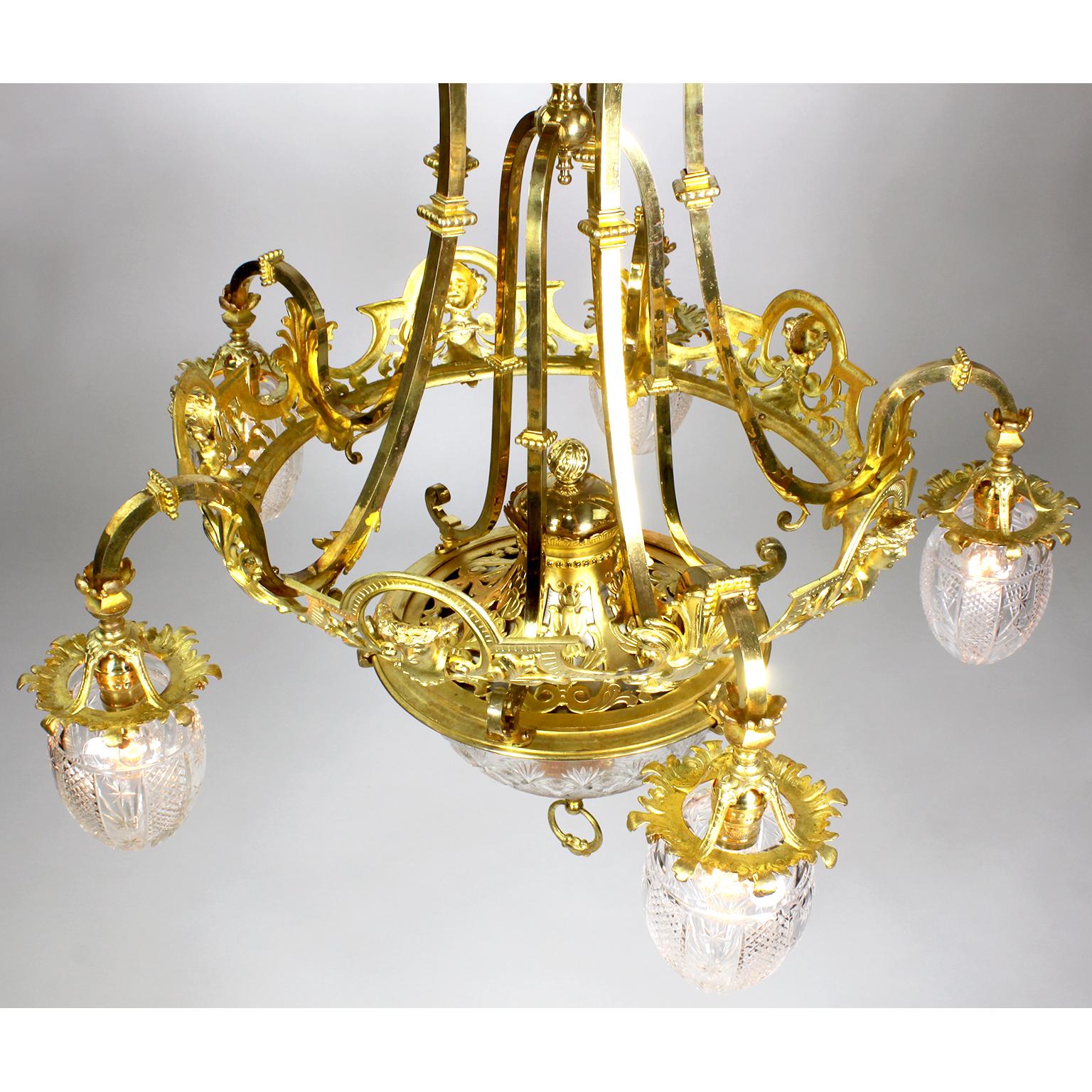 French 19th-20th Century Belle Époque Gilt-Bronze & Cut-Glass 6-Light Chandelier For Sale 7