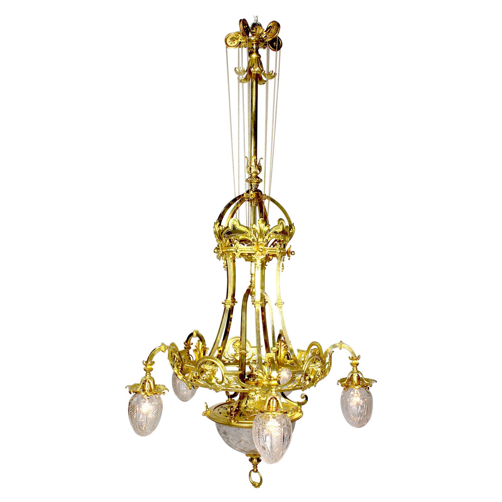 French 19th-20th Century Belle Époque Gilt-Bronze & Cut-Glass 6-Light Chandelier For Sale