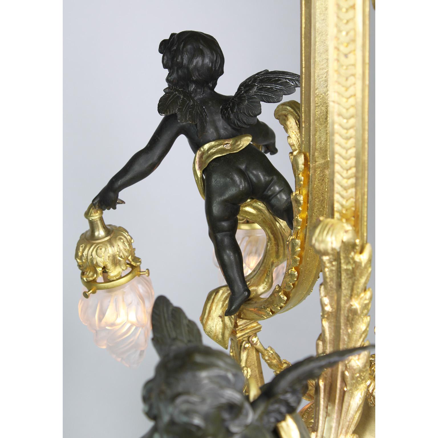 French 19th/20th Century Belle Époque Gilt & Patinated Bronze Cherub Chandelier For Sale 6