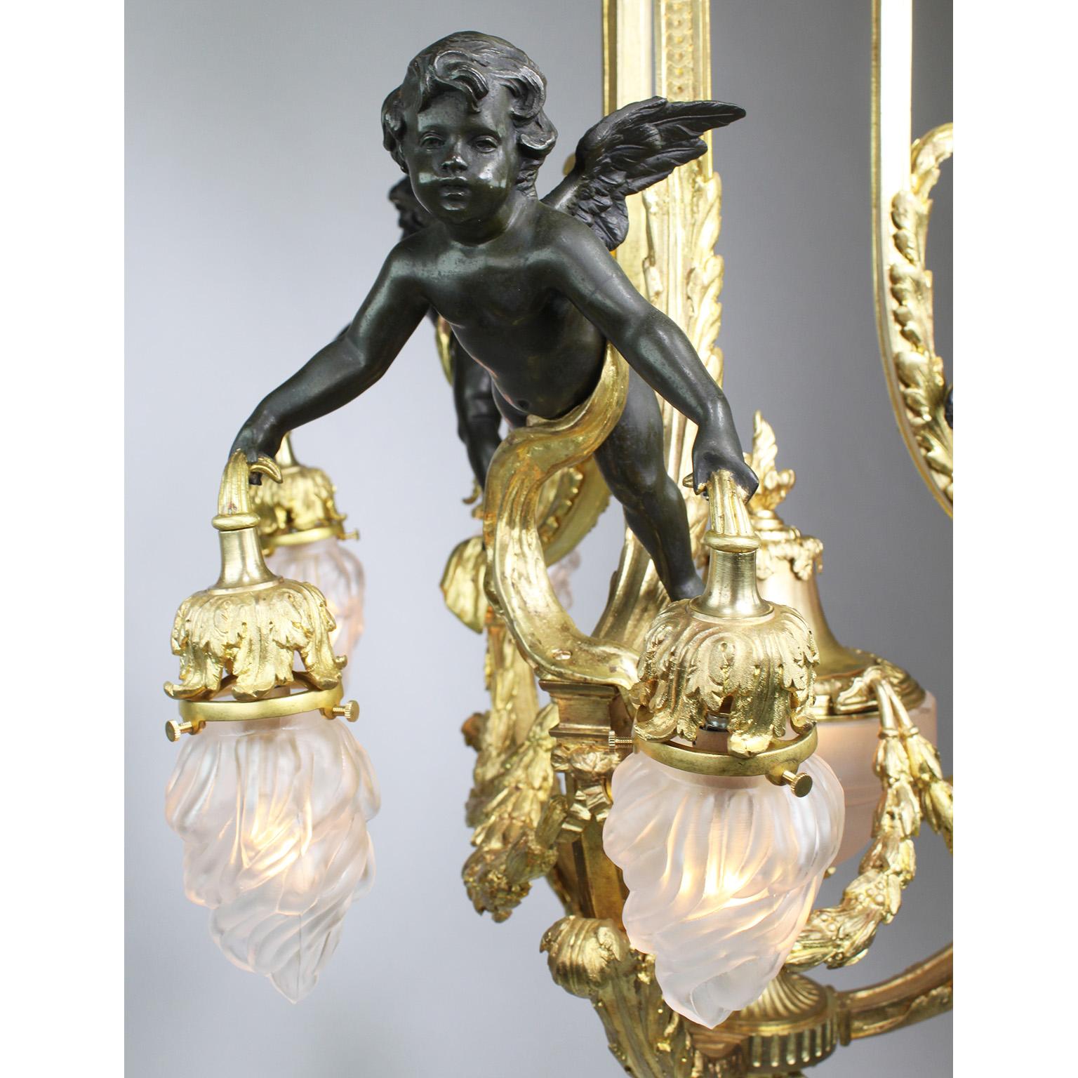 Early 20th Century French 19th/20th Century Belle Époque Gilt & Patinated Bronze Cherub Chandelier For Sale