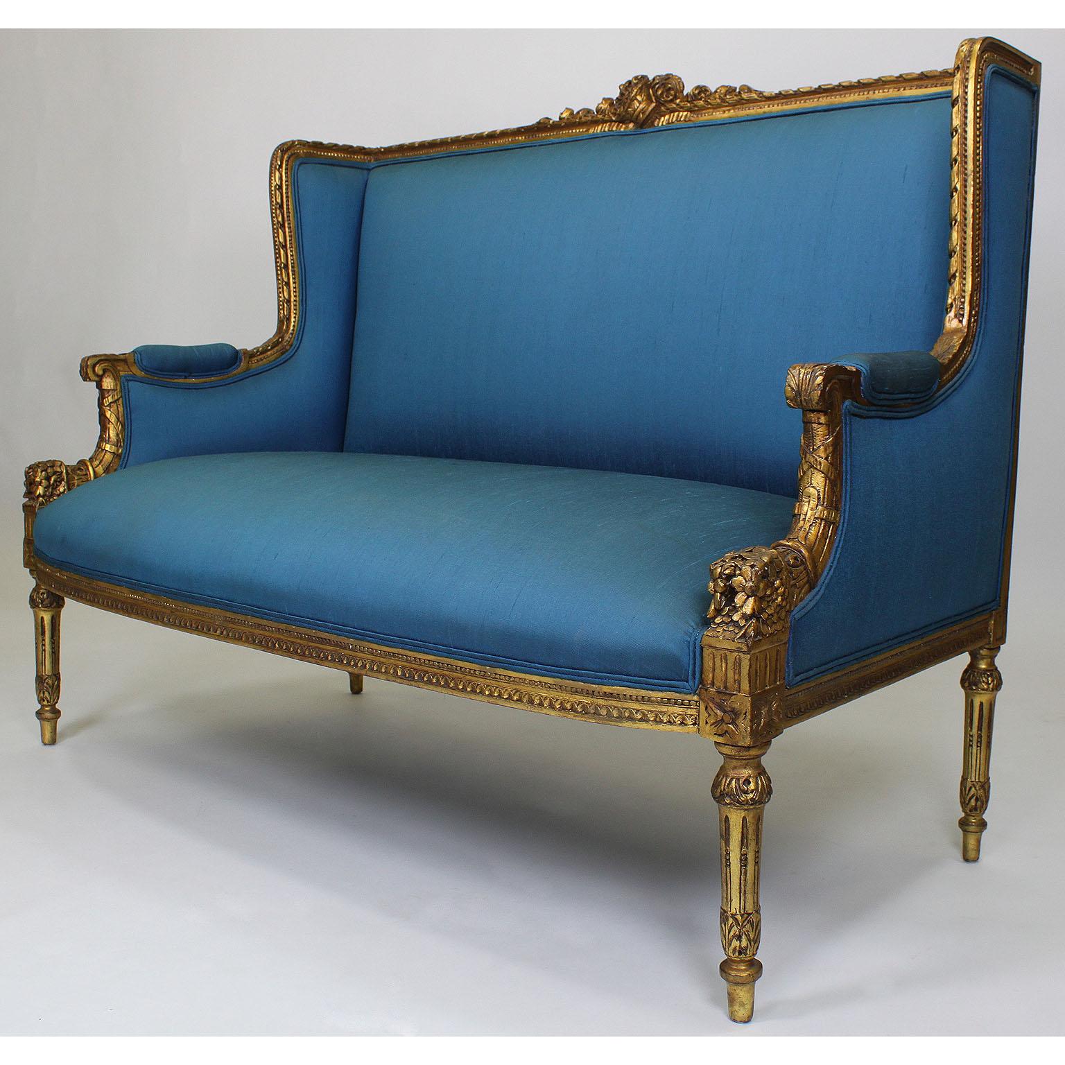 French 19th-20th Century Belle Époque Louis XVI Style Bergère Giltwood Salon Set In Fair Condition For Sale In Los Angeles, CA