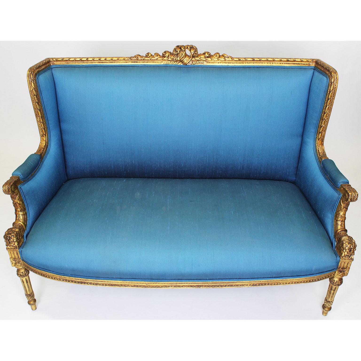 Early 20th Century French 19th-20th Century Belle Époque Louis XVI Style Bergère Giltwood Salon Set For Sale