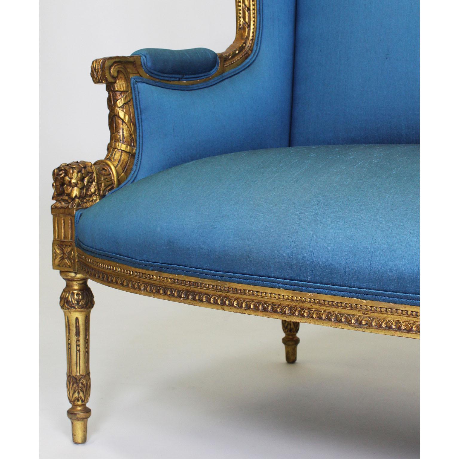 Soie Ensemble de salon en bois doré Bergère, Belle Époque, style Louis XVI, 19e-20e siècle, français en vente