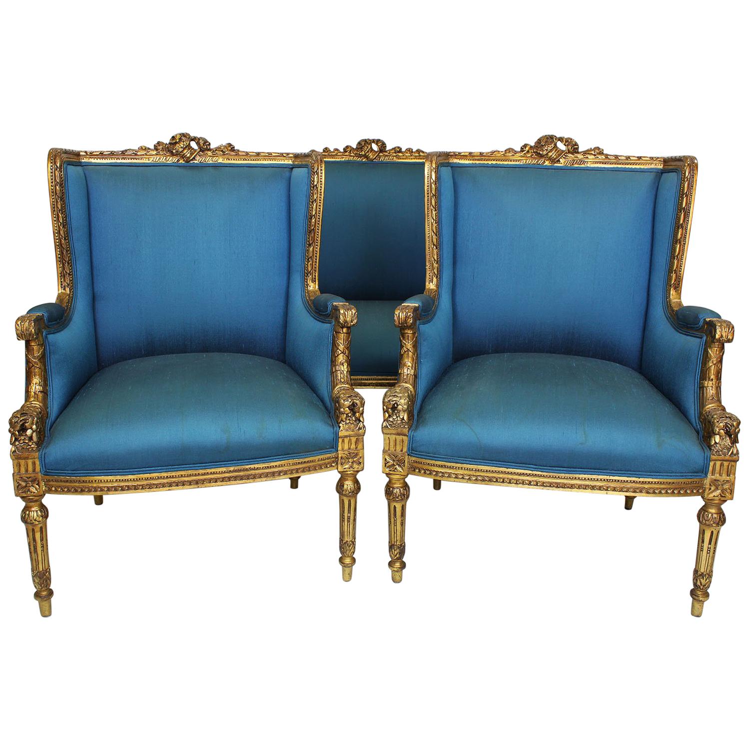 French 19th-20th Century Belle Époque Louis XVI Style Bergère Giltwood Salon Set