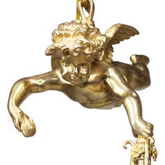 French 19th/20th Century Belle Époque Single-Light Gilt Bronze Cherub Chandelier