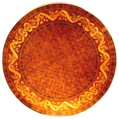 Tavolo circolare francese di intarsio e ormeggio del XIX-XX secolo, secondo la maniera di François Linke