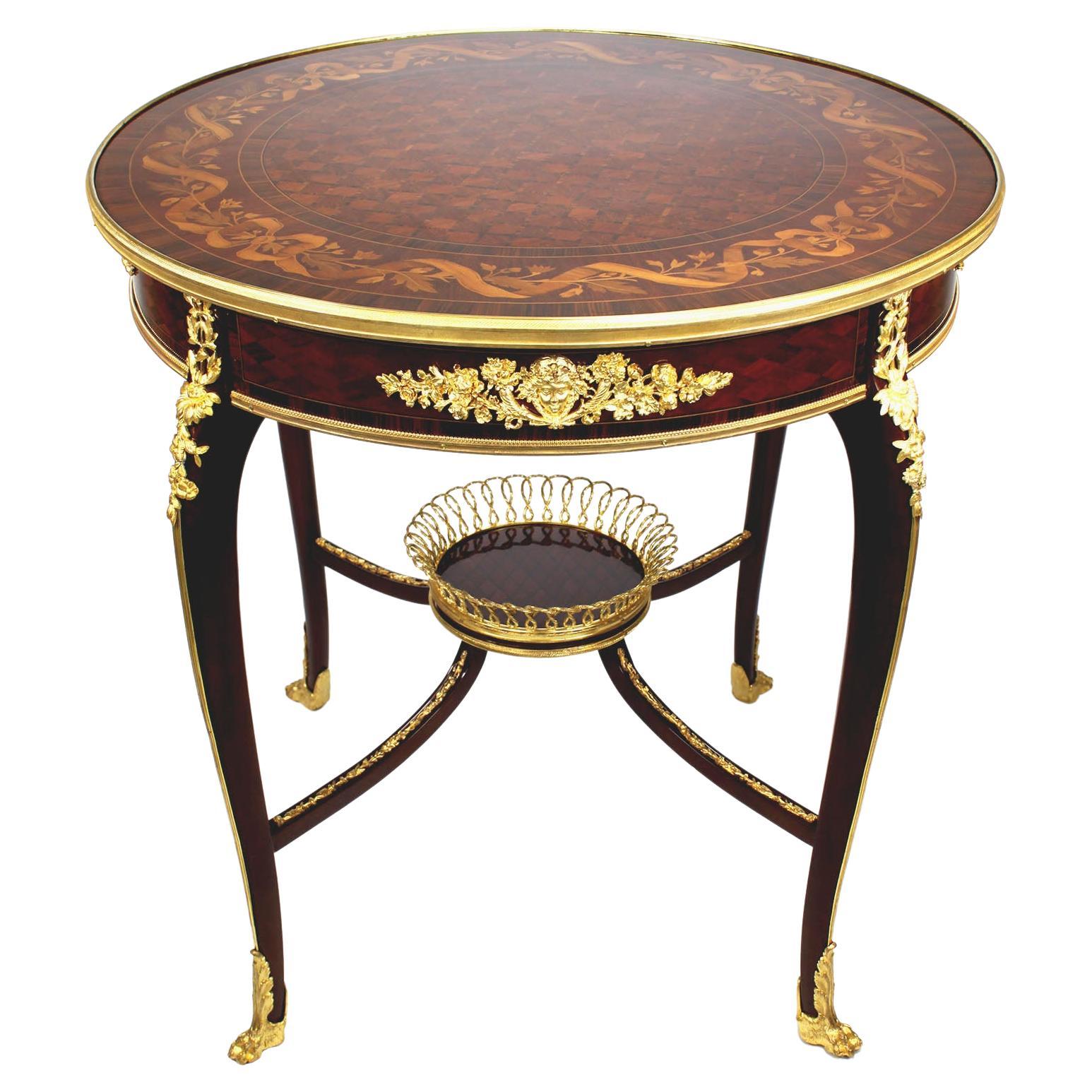 French 19th-20th Century Circular Marquetry & Ormolu Table, Attr. François Linke For Sale