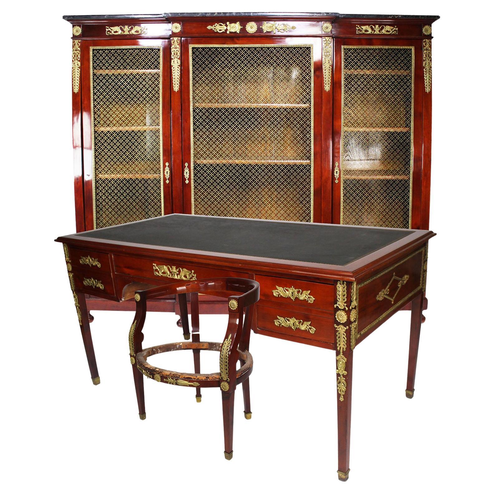 French 19th-20th Century Empire Style Gilt Bronze Mounted Desk, Bookcase & Chair