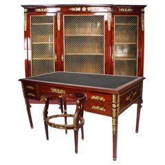French 19th-20th Century Empire Style Gilt Bronze Mounted Desk, Bookcase & Chair