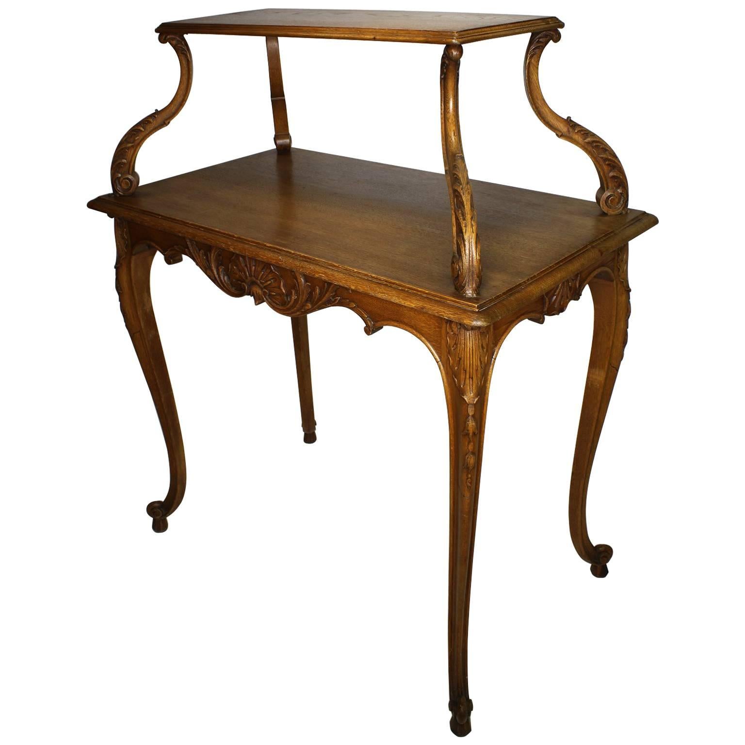 French 19th-20th Century Louis XV Style Carved Oak Two-Tier Tea or Dessert Table