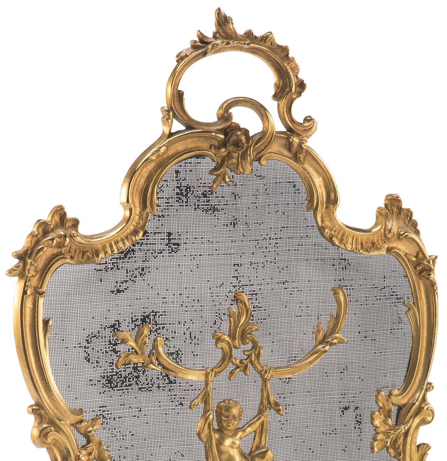 Metal French 19th/20th Century Louis XV Style Gilt-Bronze Figural Fireplace Screen For Sale
