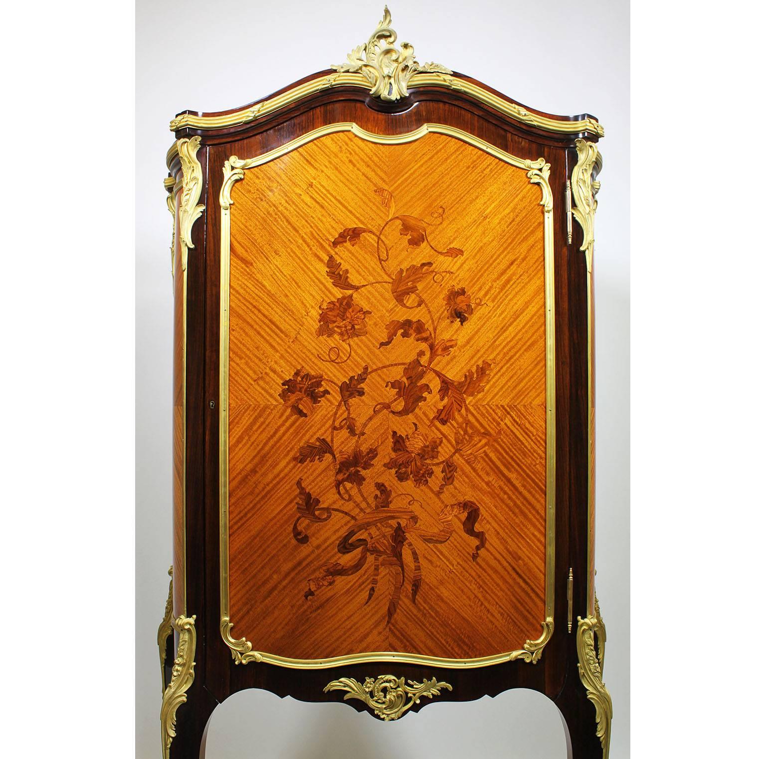 Embossed French 19th-20th Century Louis XV Style Gilt-Bronze Mounted & Marquetry Cabinet For Sale