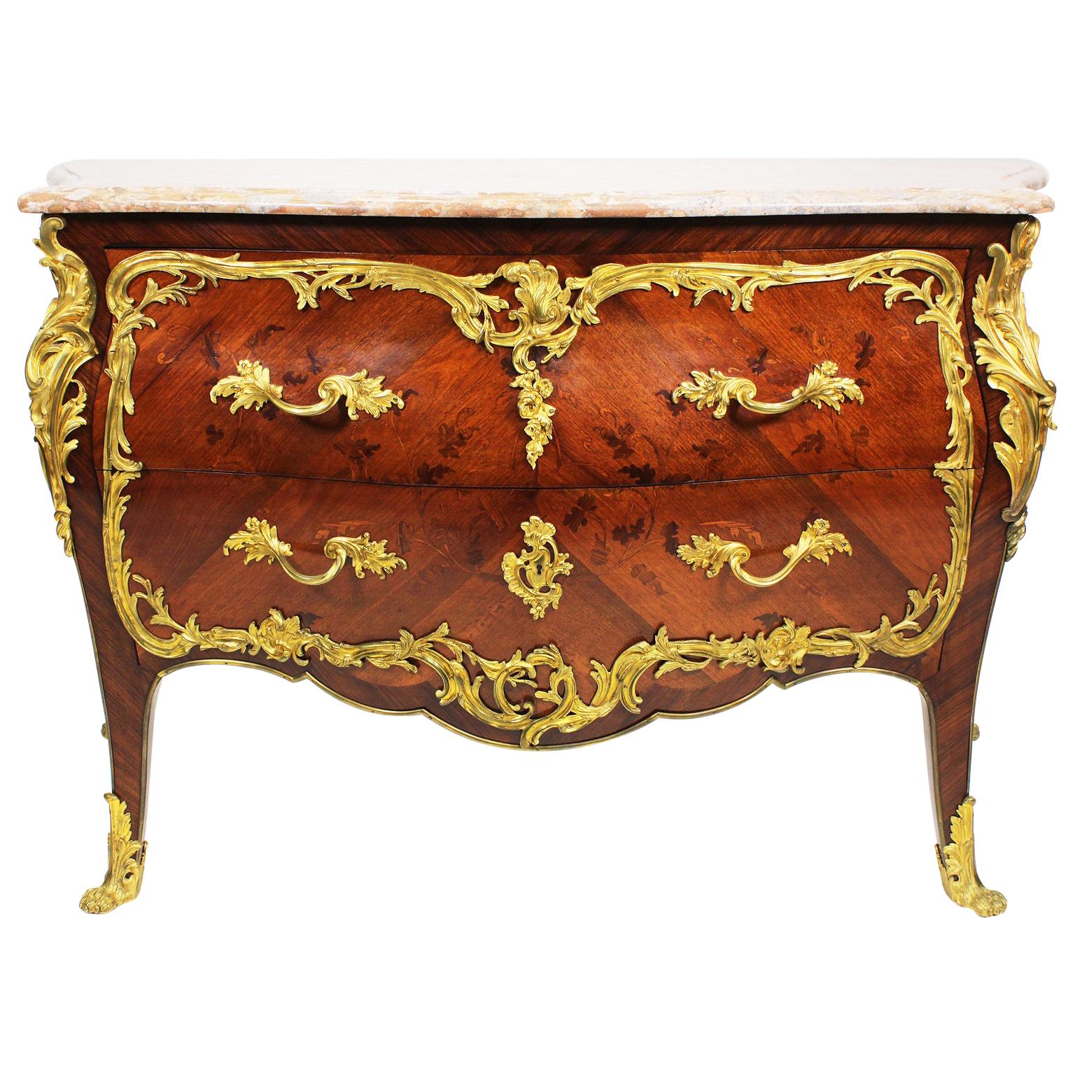 French 19th-20th Century Louis XV Style Gilt-Bronze Mounted Marquetry Commode