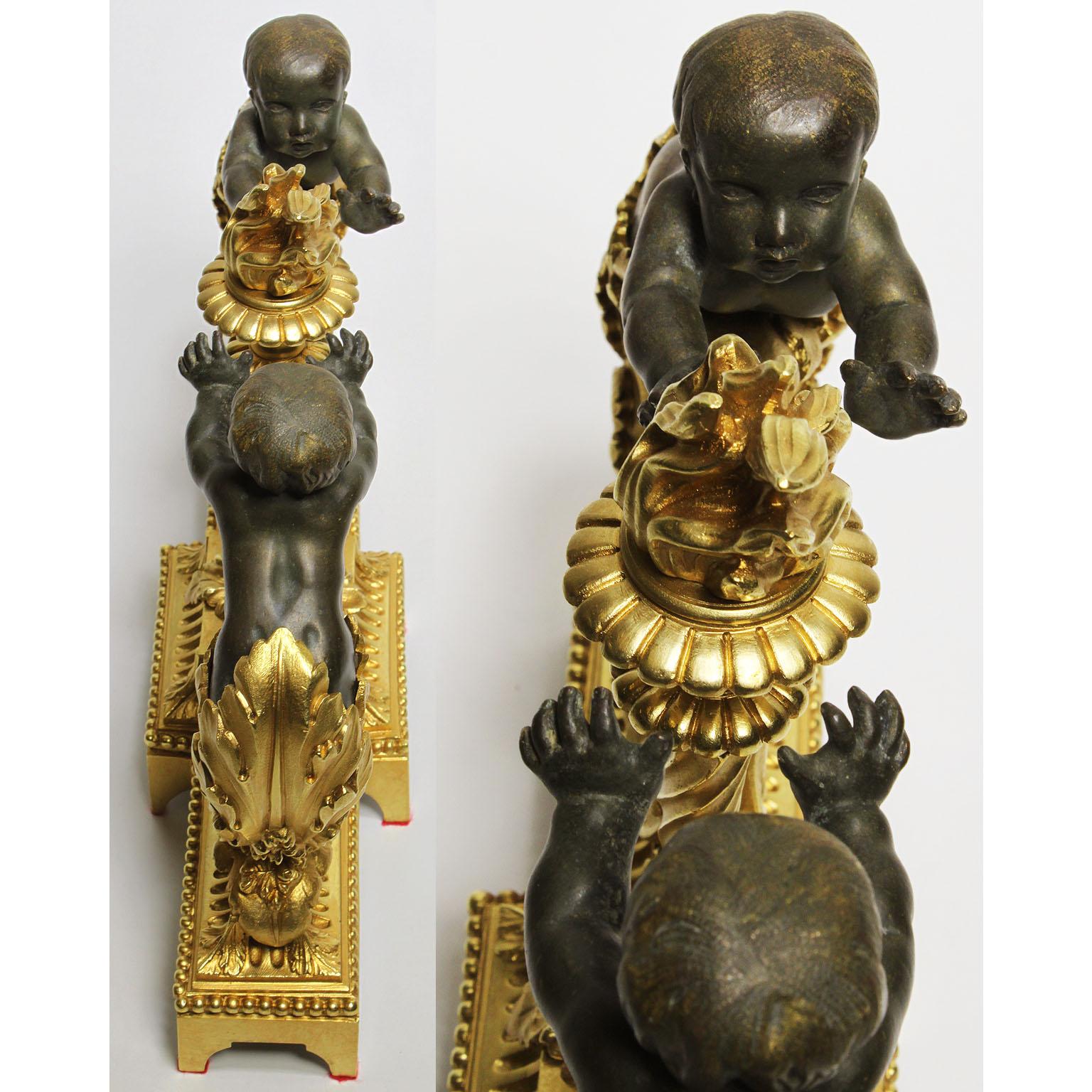 French 19th-20th Century Louis XV Style Gilt Bronze Putti Children Chenet, Pair For Sale 1