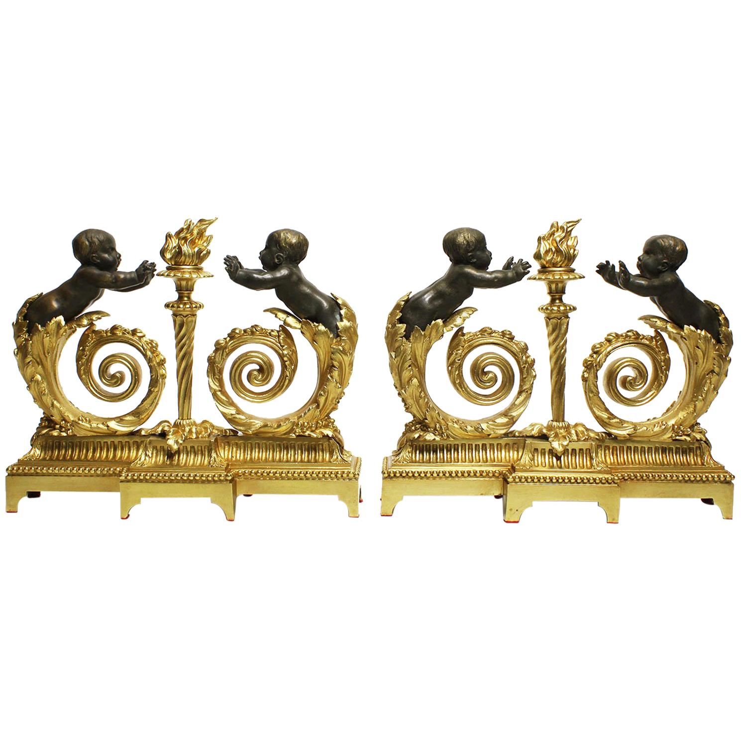 French 19th-20th Century Louis XV Style Gilt Bronze Putti Children Chenet, Pair For Sale
