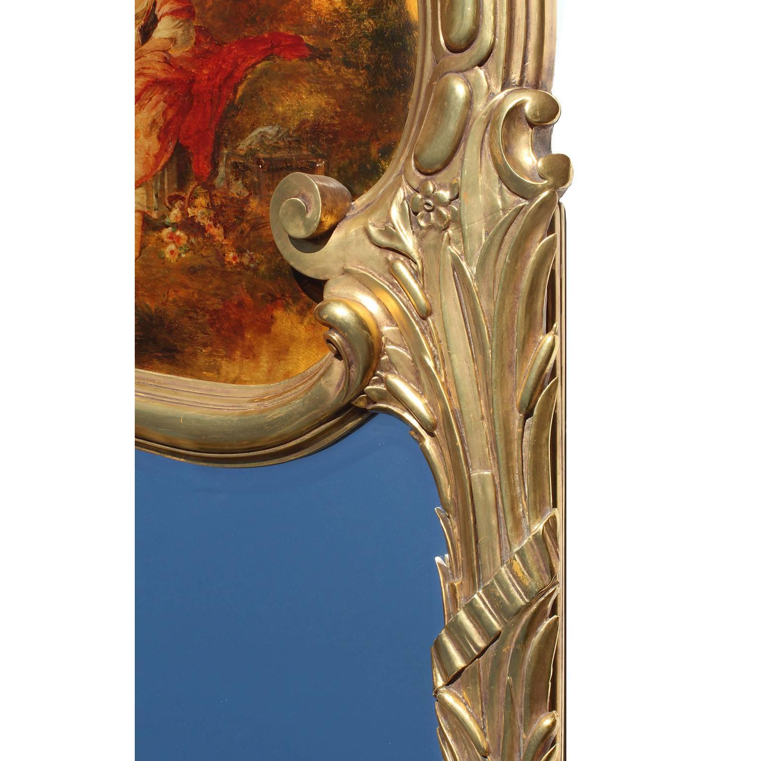 French 19th-20th Century Louis XV Style Giltwood Carved Figural Trumeau Mirror For Sale 2
