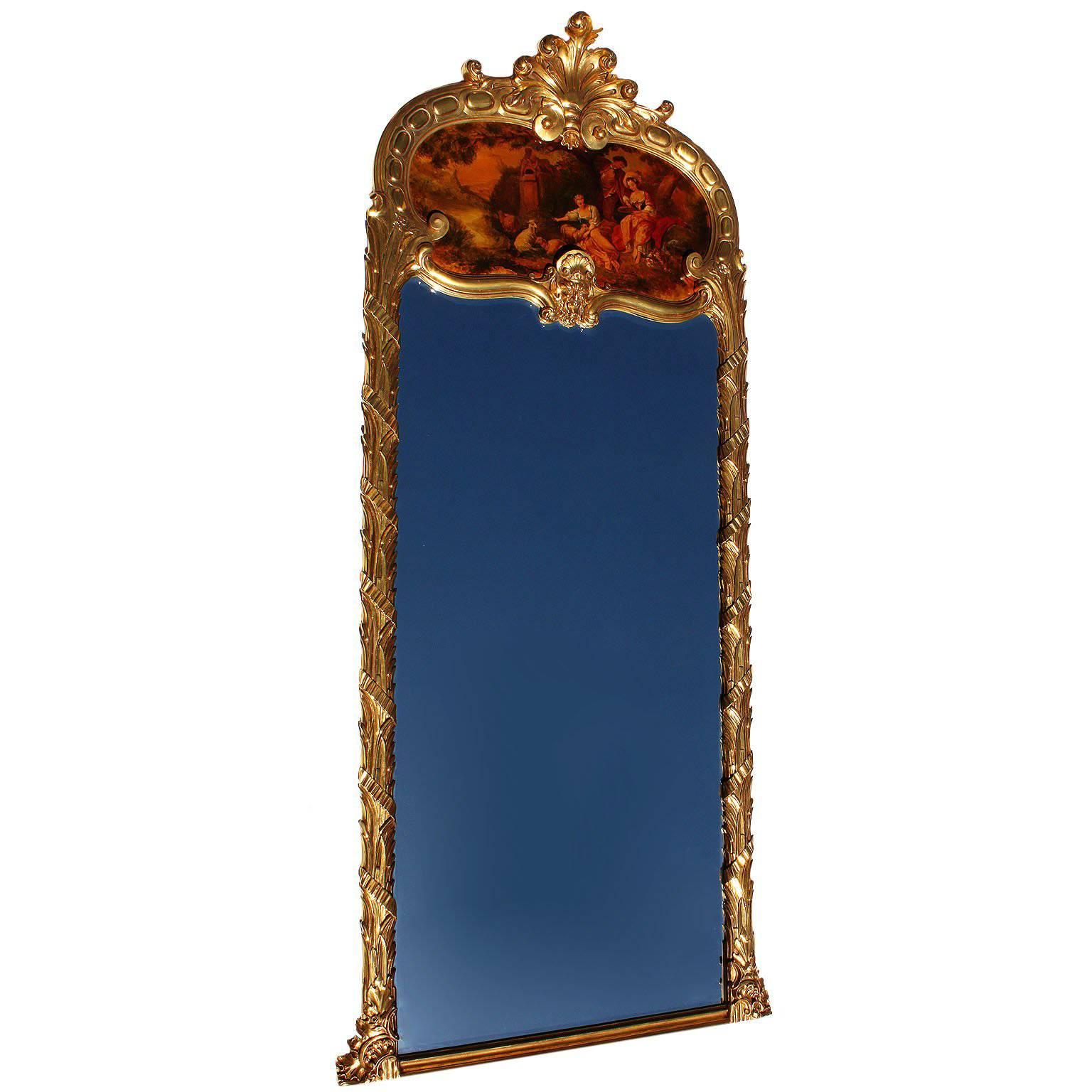 French 19th-20th Century Louis XV Style Giltwood Carved Figural Trumeau Mirror