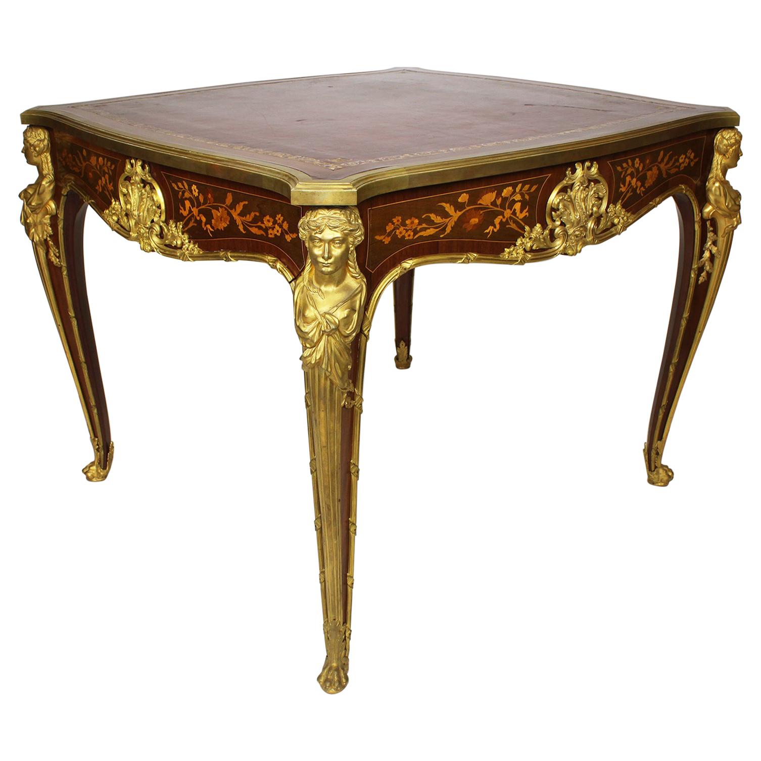 19th-20th Century Louis XV Style Marquetry & Ormolu Game Table Linke Attributed