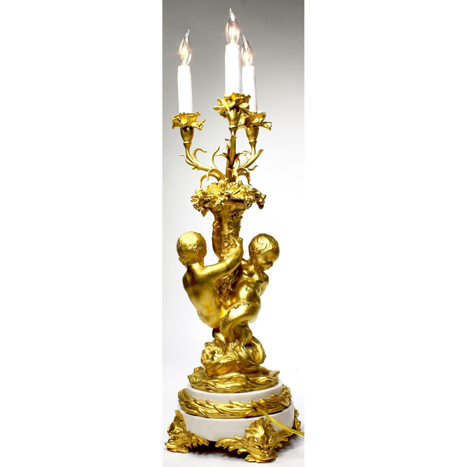 French 19th-20th Century Louis XV Style Ormolu & White Marble Mermaid Candelabra For Sale 4