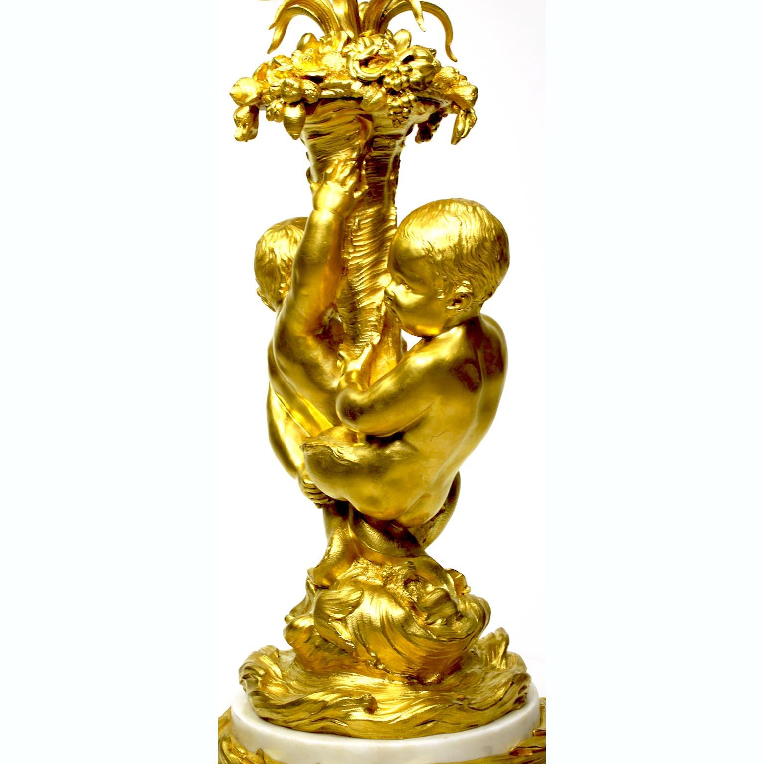 French 19th-20th Century Louis XV Style Ormolu & White Marble Mermaid Candelabra For Sale 1