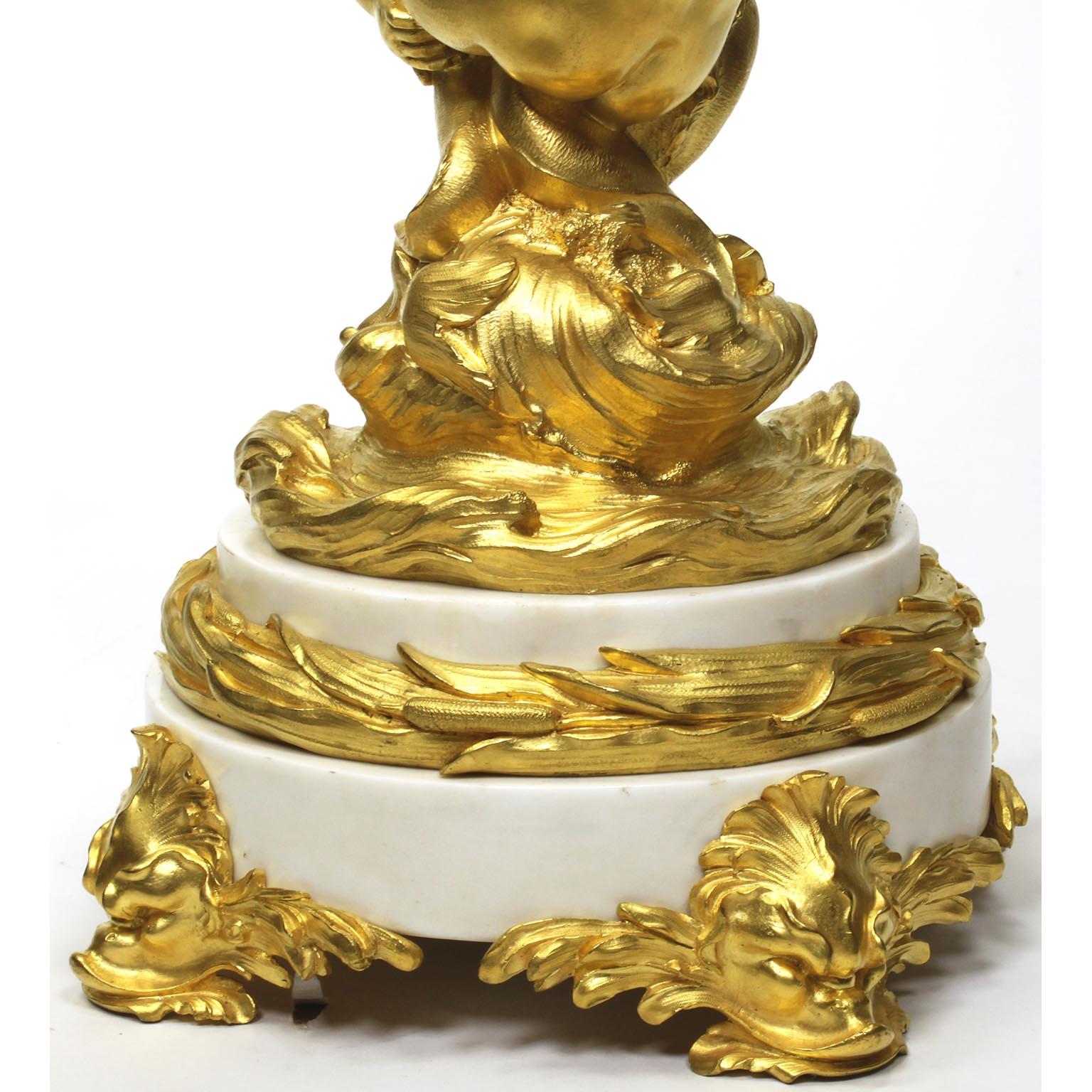 French 19th-20th Century Louis XV Style Ormolu & White Marble Mermaid Candelabra For Sale 2