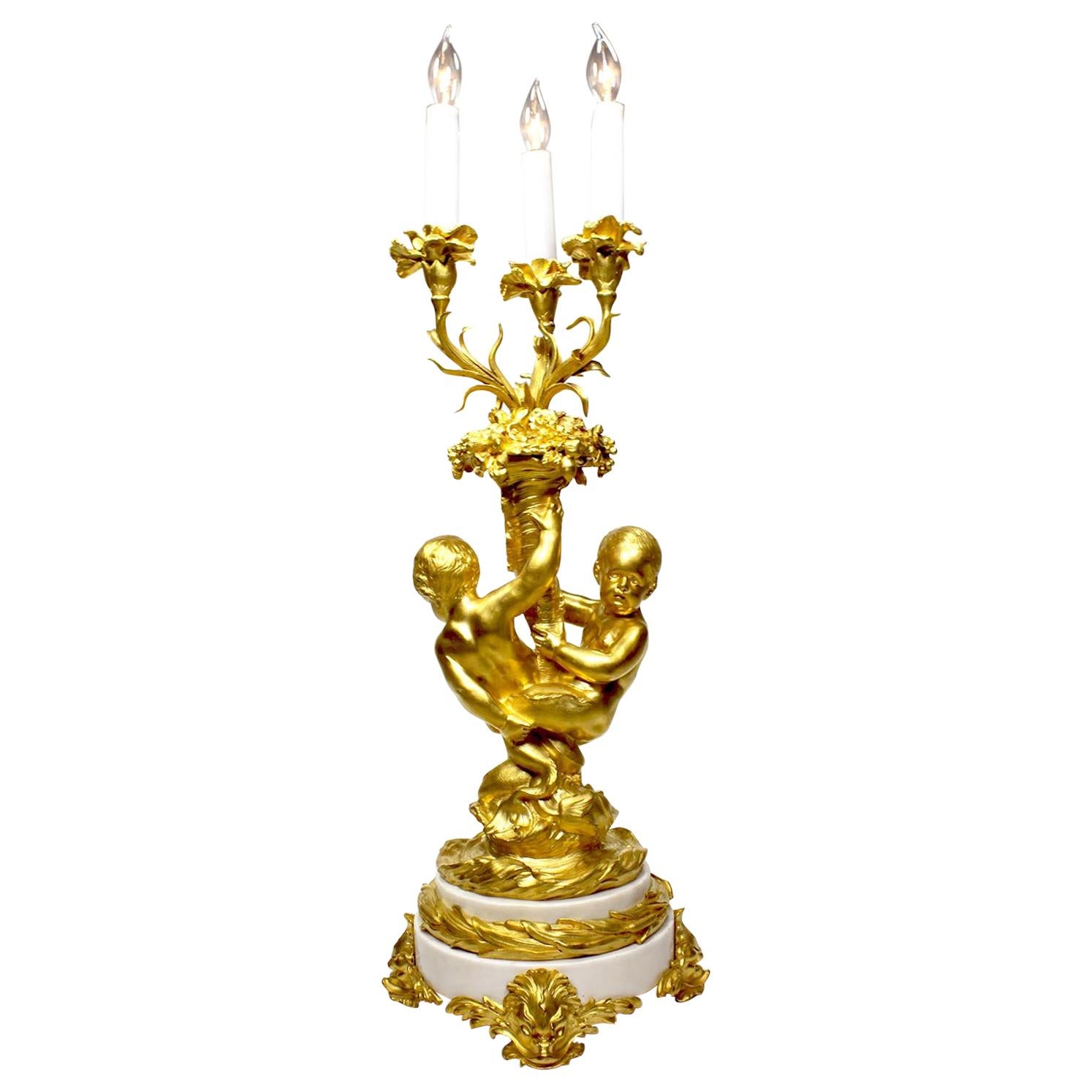 French 19th-20th Century Louis XV Style Ormolu & White Marble Mermaid Candelabra