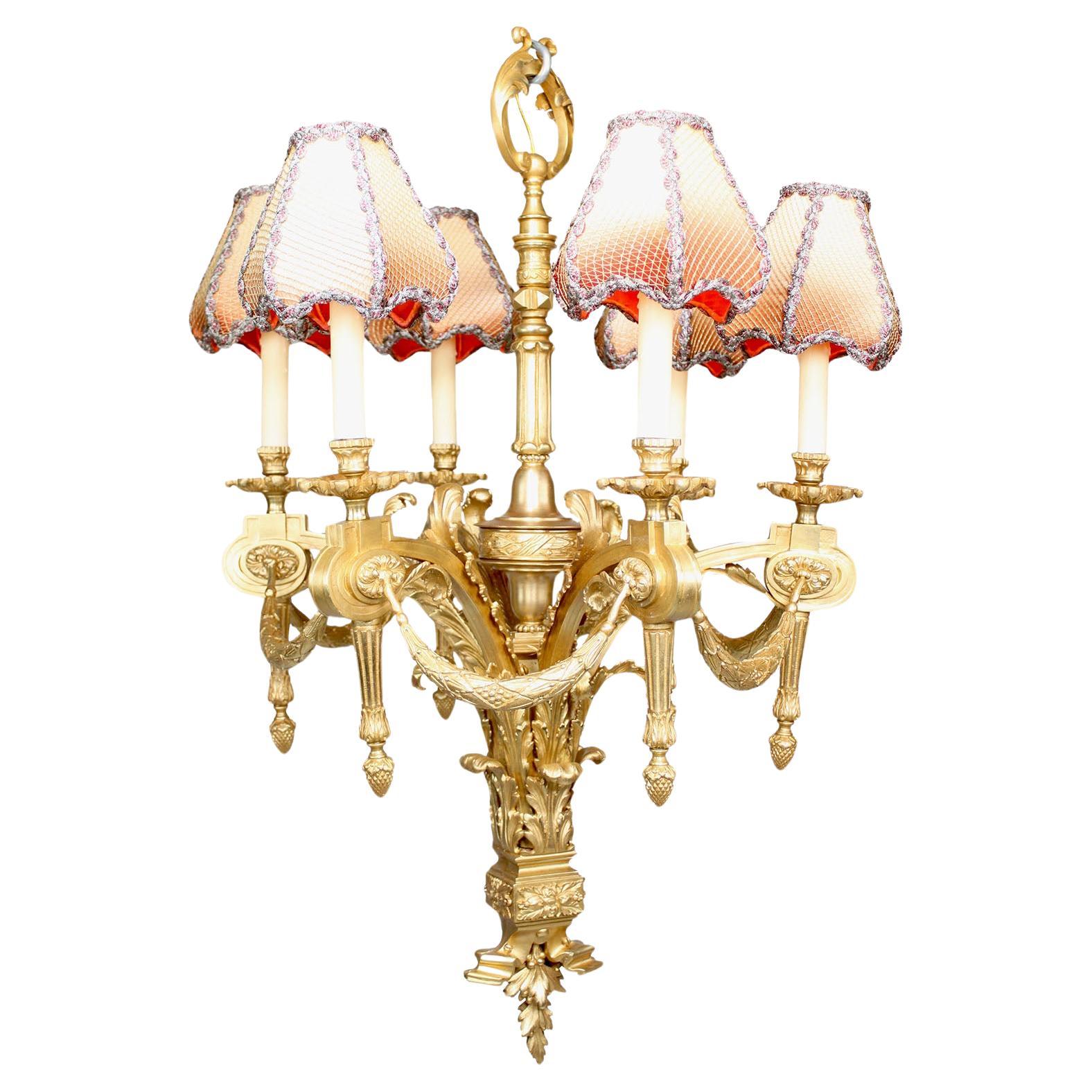 French 19th-20th Century Louis XVI Style Gilt Bronze Six-Light Chandelier For Sale