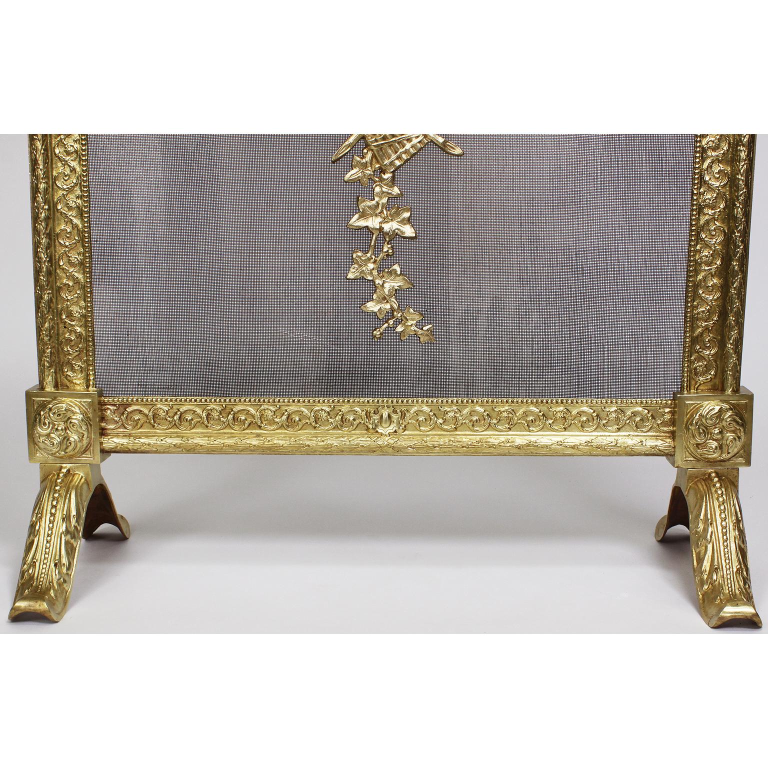 Bronze French 19th-20th Century Louis XVI Style Gilt Metal Fireplace Screen, Palmabroz