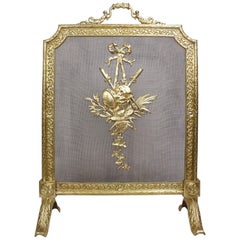 Antique French 19th-20th Century Louis XVI Style Gilt Metal Fireplace Screen, Palmabroz