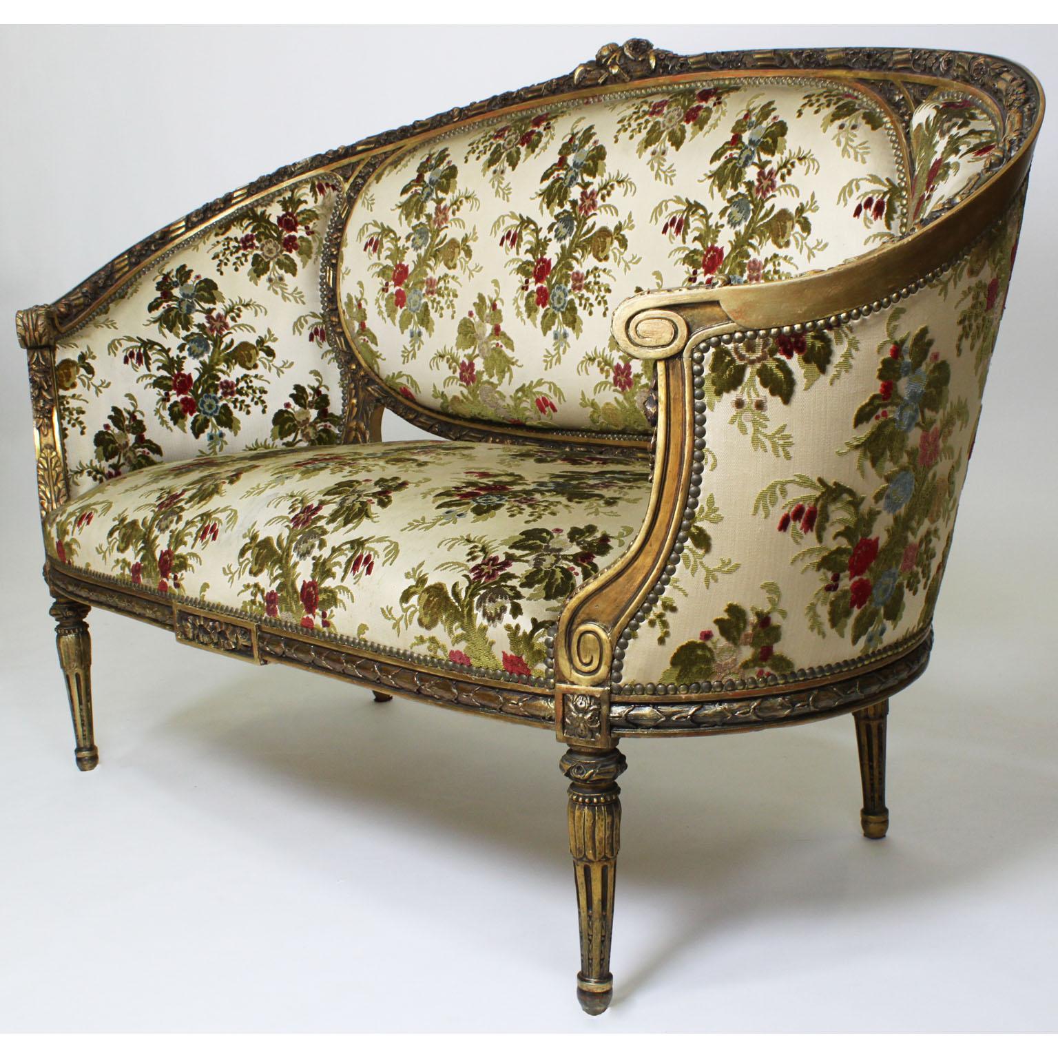 French 19th-20th Century Louis XVI Style Giltwood Carved 3-Piece Salon Suite For Sale 5